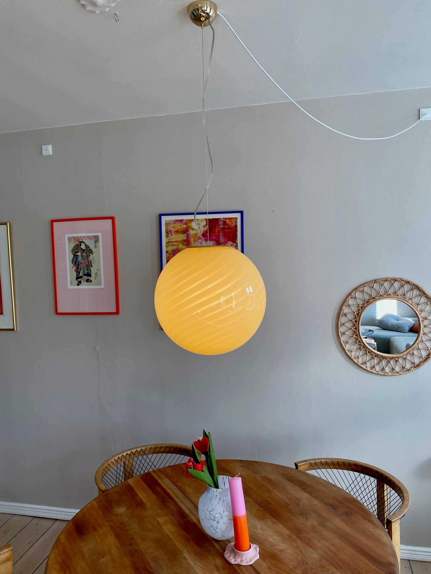 Murano loftslampe i gul swirl rigadin 40 cm