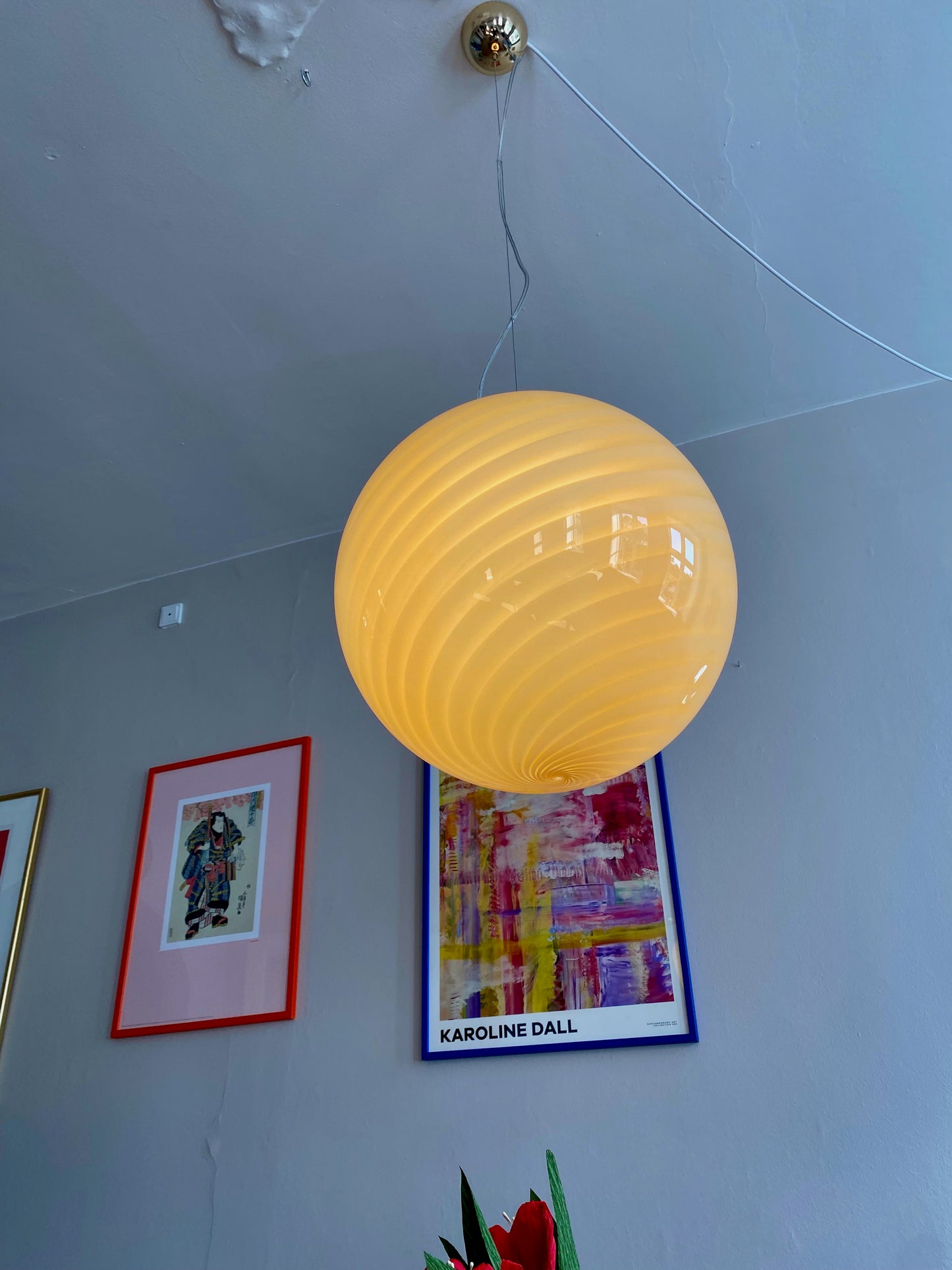 Murano loftslampe i gul swirl rigadin 40 cm