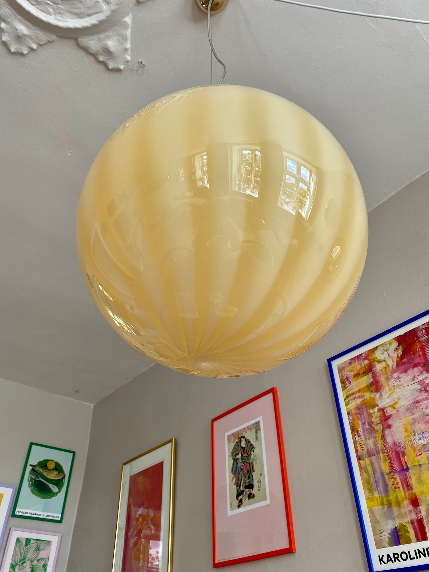 Murano loftslampe med gule vertikale striber i 40 cm