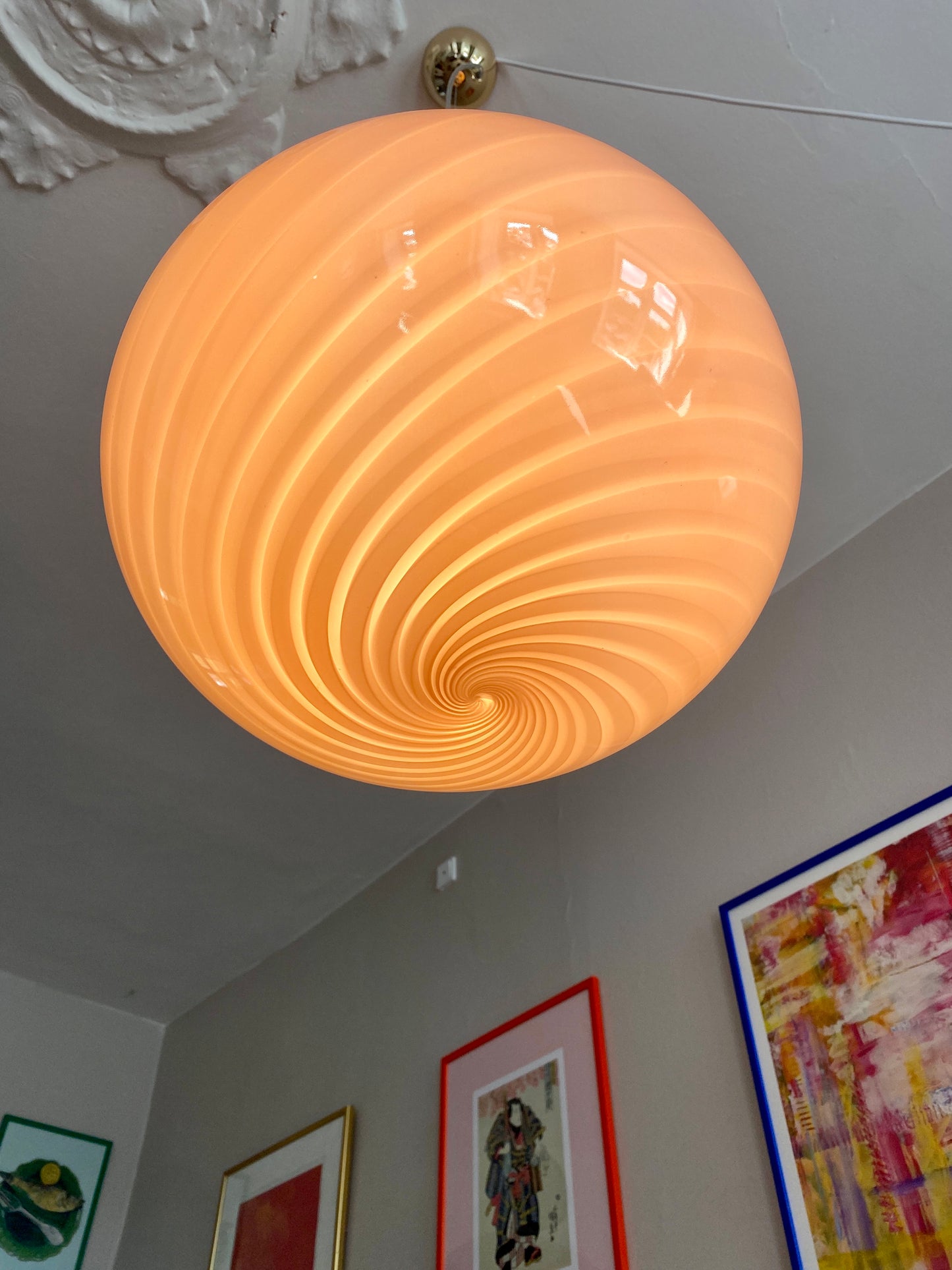 Oval Murano loftslampe i pink bubblegum med swirl rigadin 40 cm