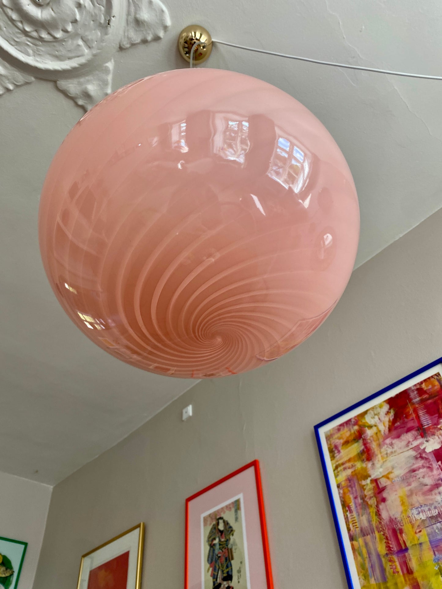 Oval Murano loftslampe i pink bubblegum med swirl rigadin 40 cm