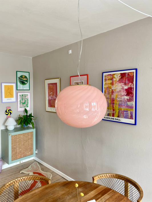 Oval Murano loftslampe i pink bubblegum med swirl rigadin 40 cm