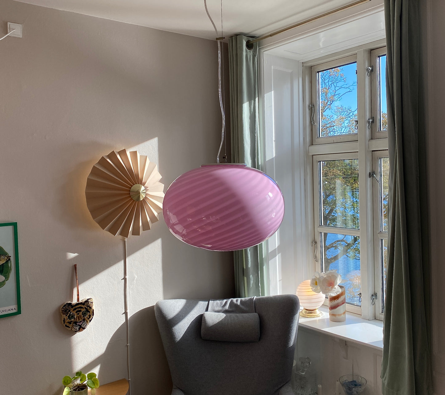 Vintage Murano loftslampe i oval med pink swirl rigadin 40 cm