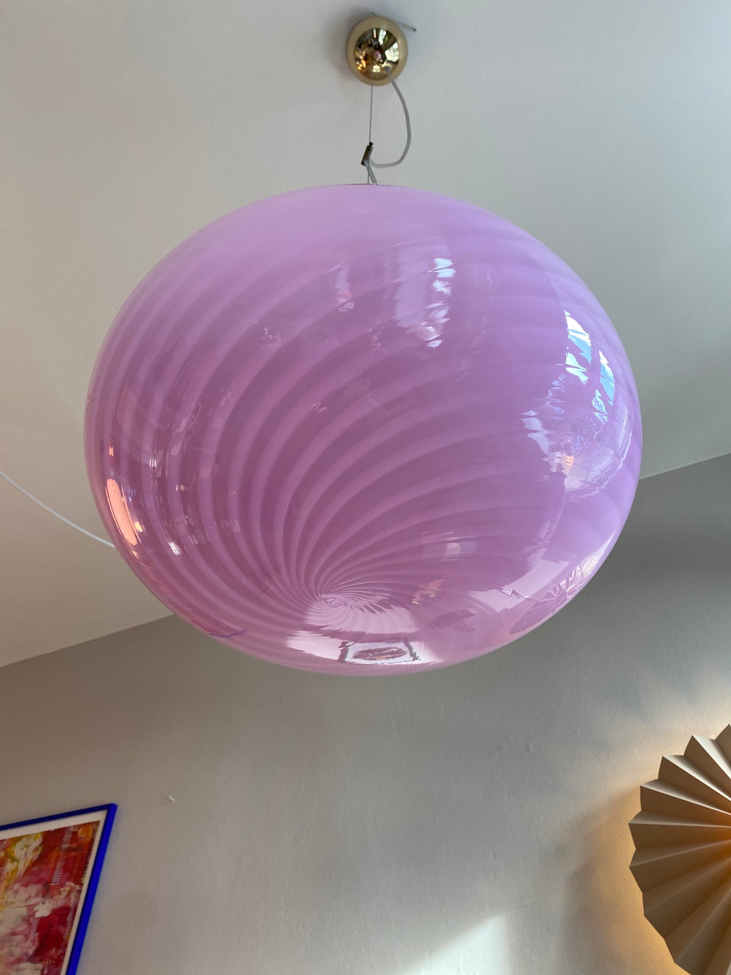 Vintage Murano loftslampe i oval med pink swirl rigadin 40 cm