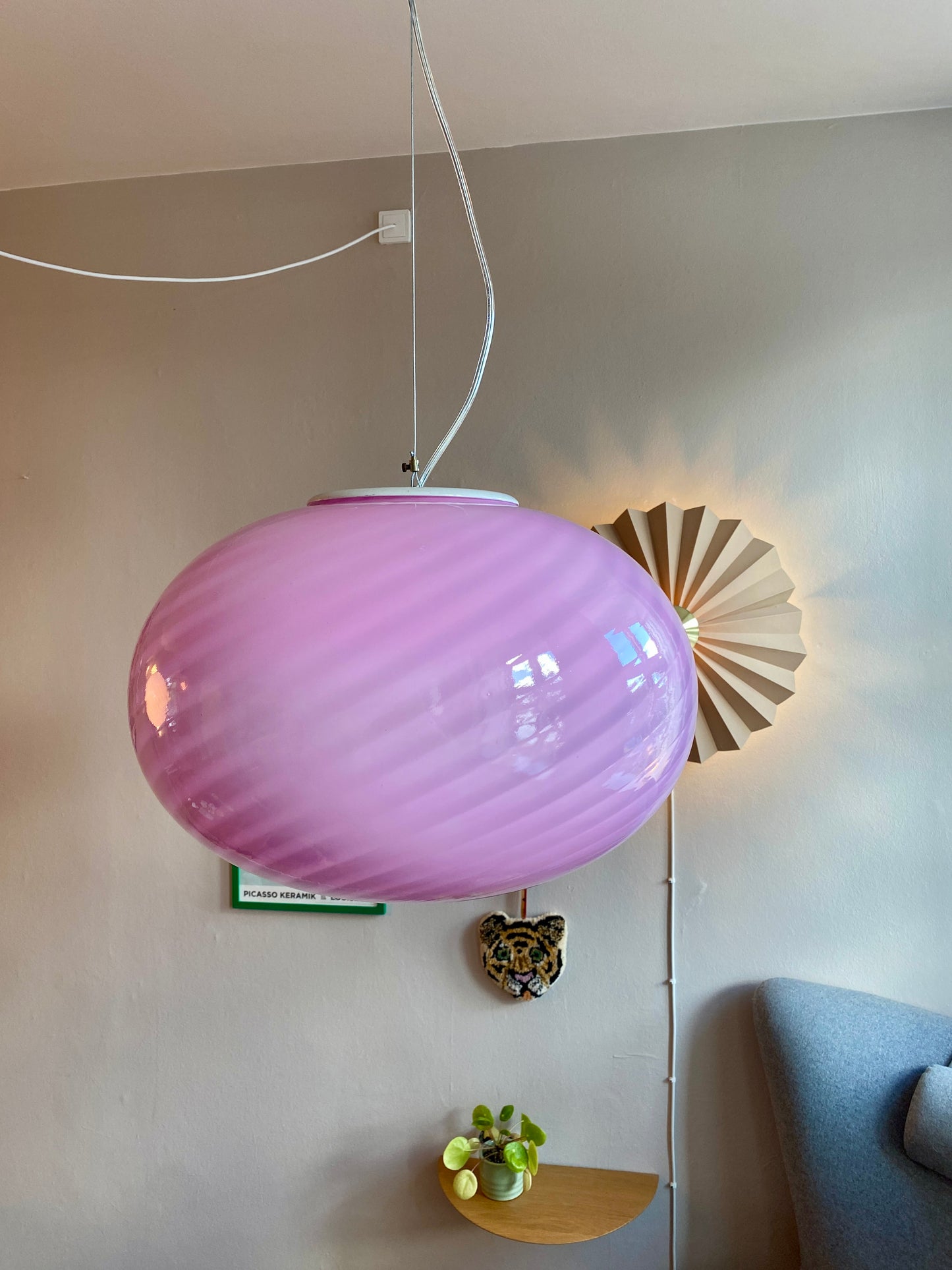 Vintage Murano loftslampe i oval med pink swirl rigadin 40 cm