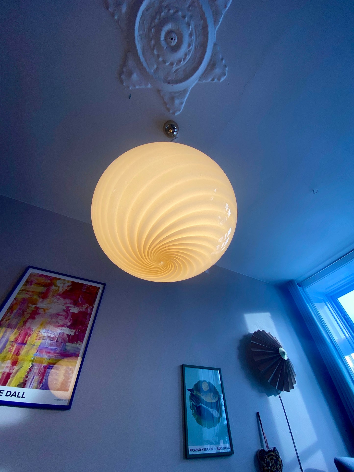 Oval Murano loftslampe i gul swirl rigadin 40 cm