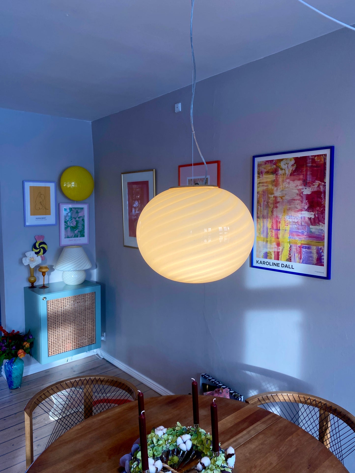 Oval Murano loftslampe i gul swirl rigadin 40 cm