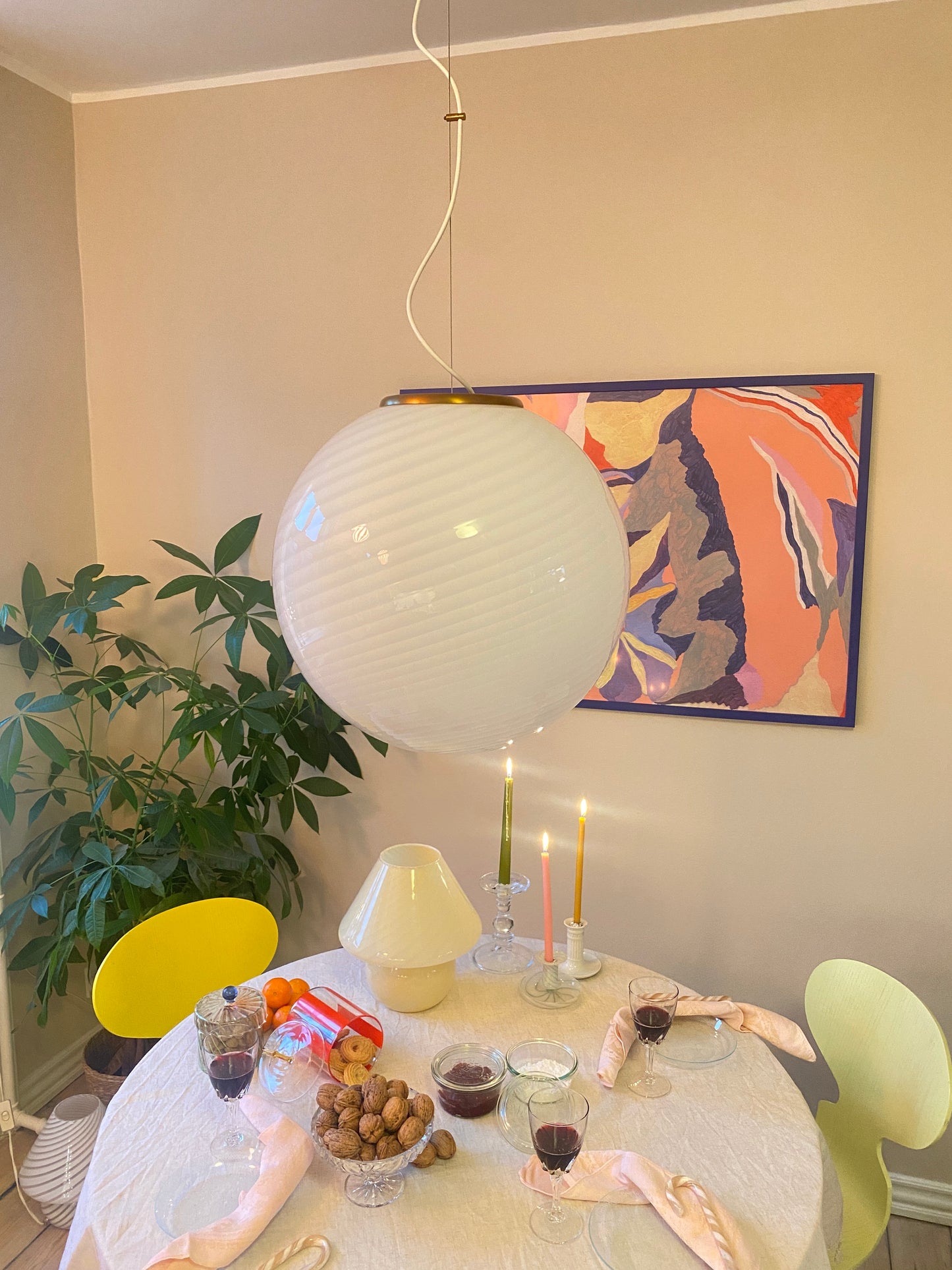 Vintage kæmpe Murano loftslampe i hvid swirl 50 cm
