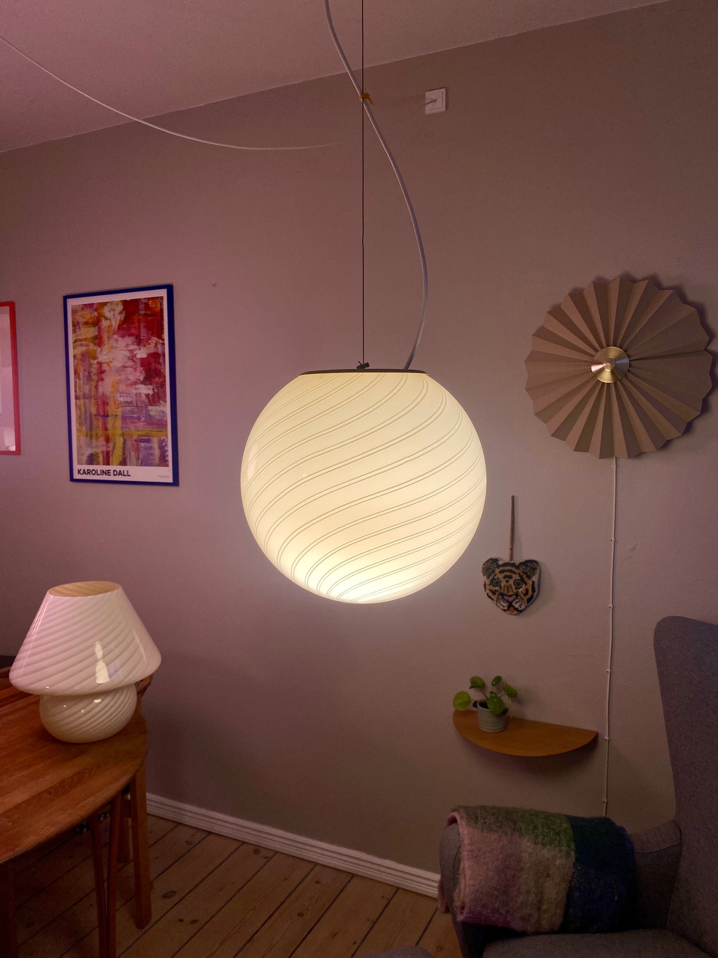 Vintage Murano loftslampe i cremegul dobbelt swirl 35 cm