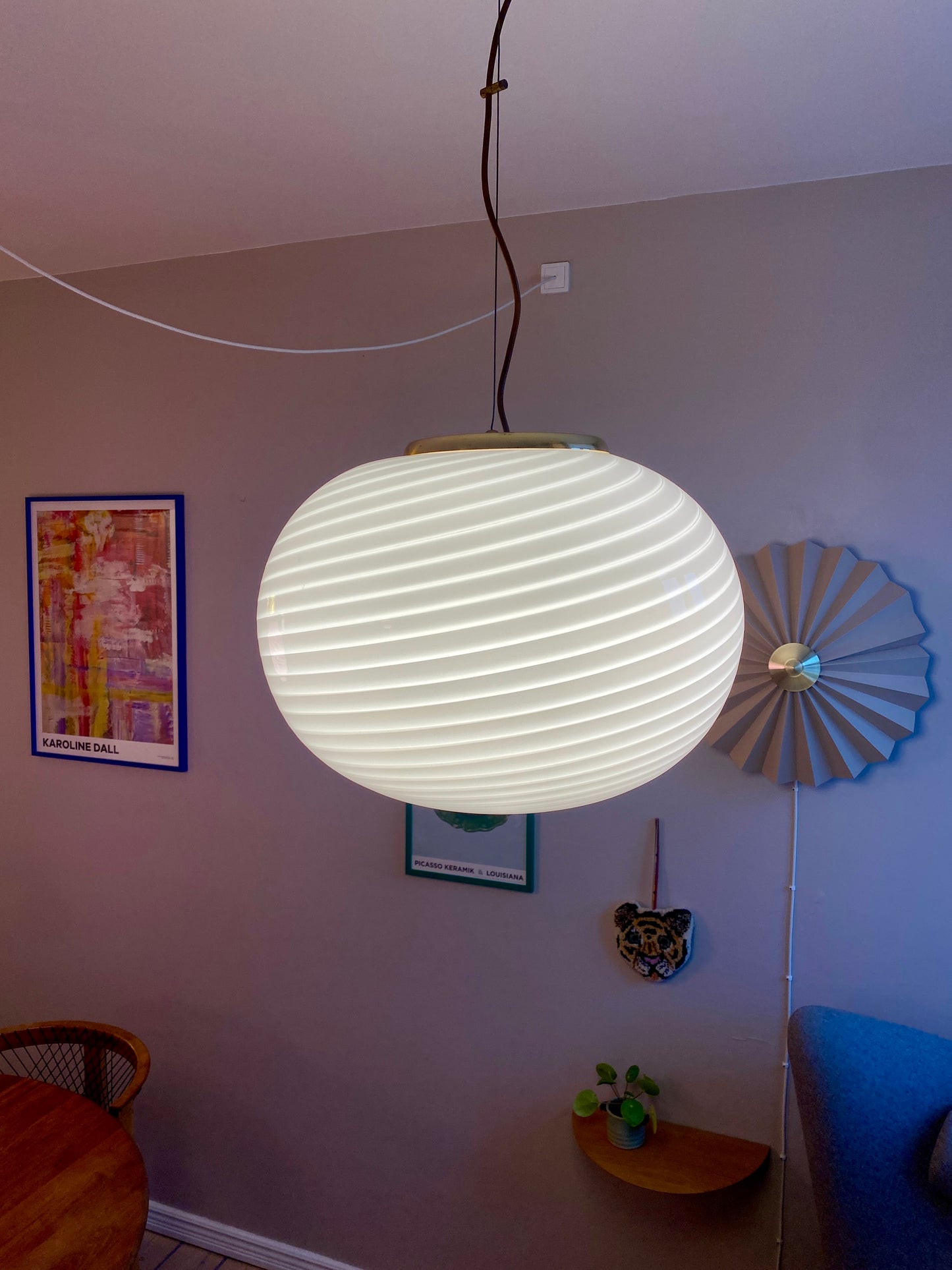 Vintage oval Effetre Murano loftslampe i hvid swirl 45 cm