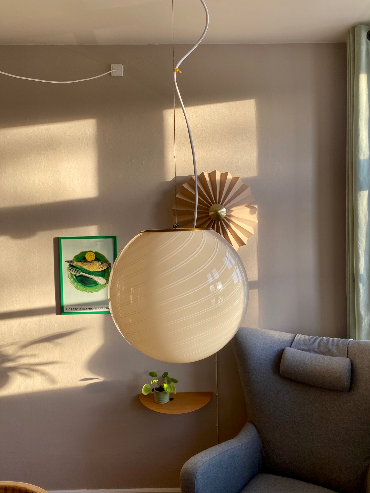 Vintage Murano loftslampe i cremegul dobbelt swirl 35 cm