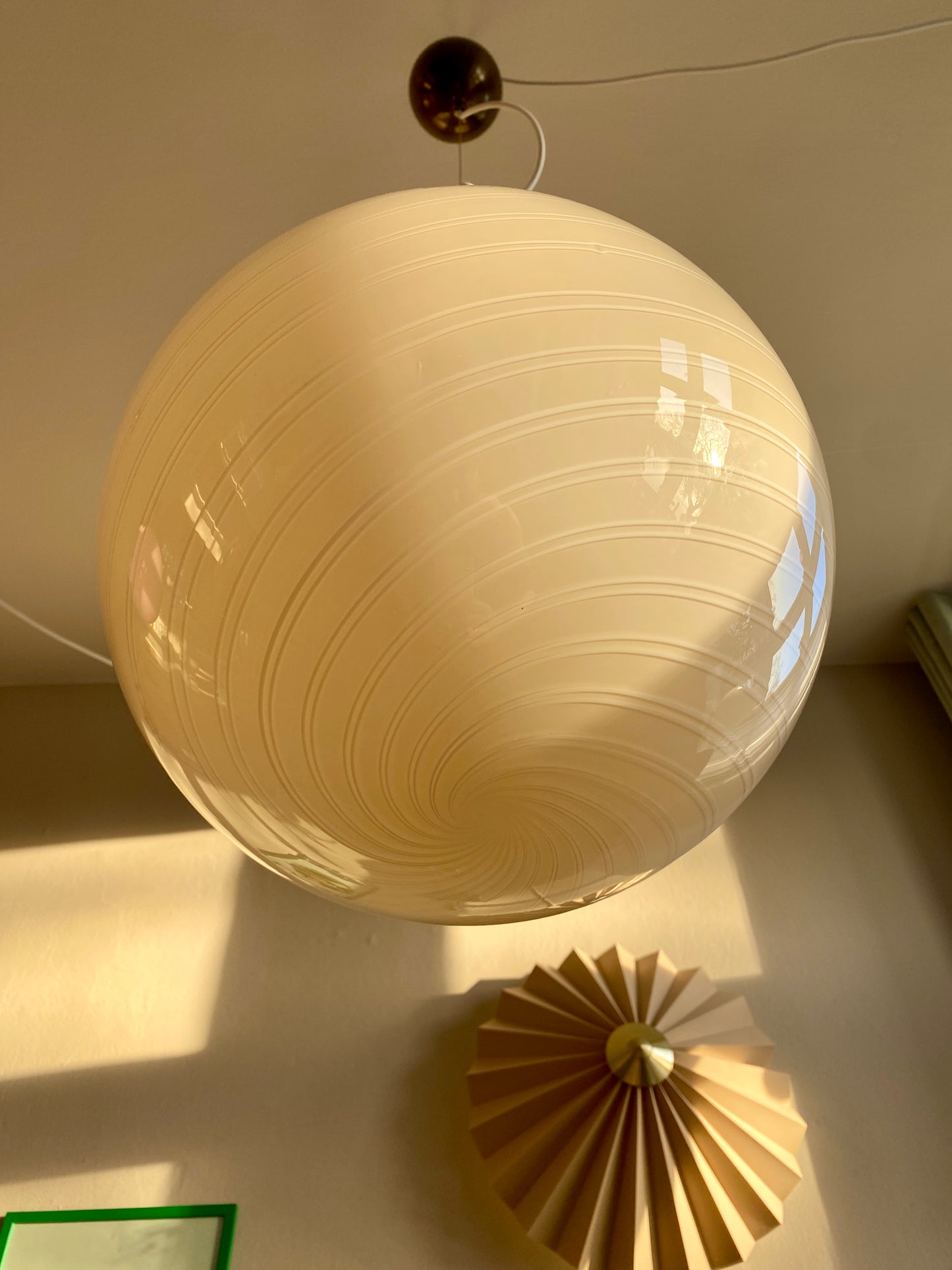 Vintage Murano loftslampe i cremegul dobbelt swirl 35 cm