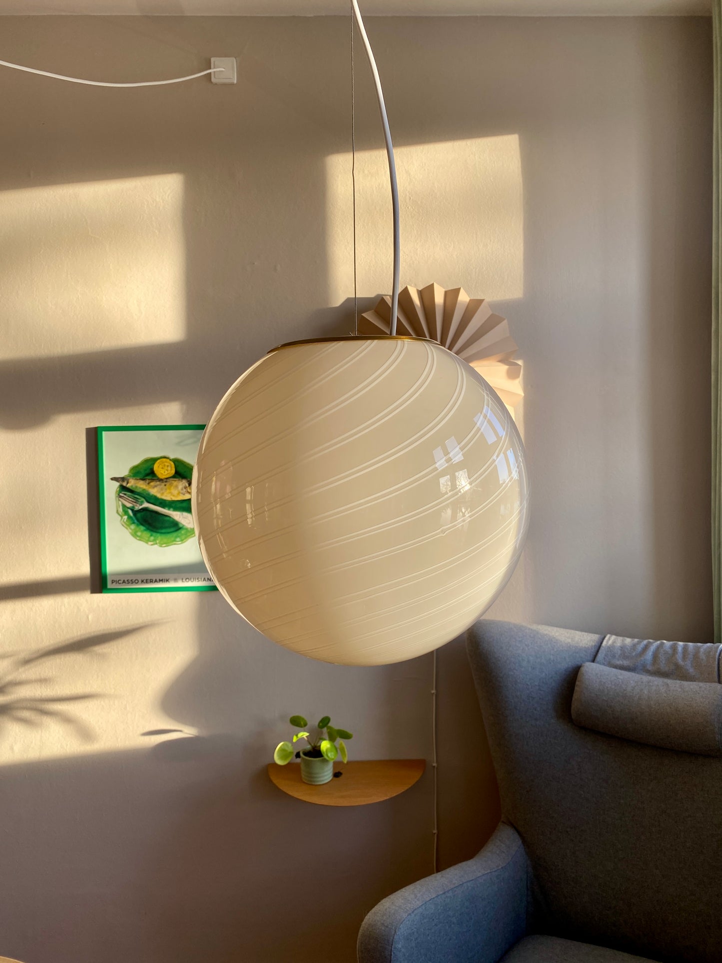 Vintage Murano loftslampe i cremegul dobbelt swirl 35 cm