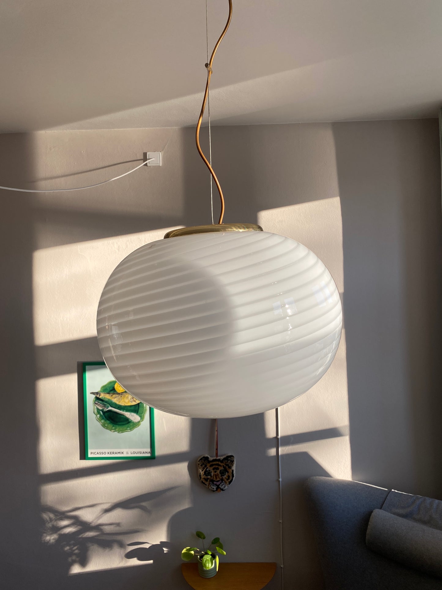 Vintage oval Effetre Murano loftslampe i hvid swirl 45 cm
