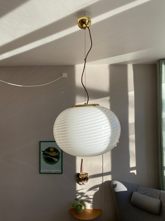 Vintage oval Effetre Murano loftslampe i hvid swirl 45 cm