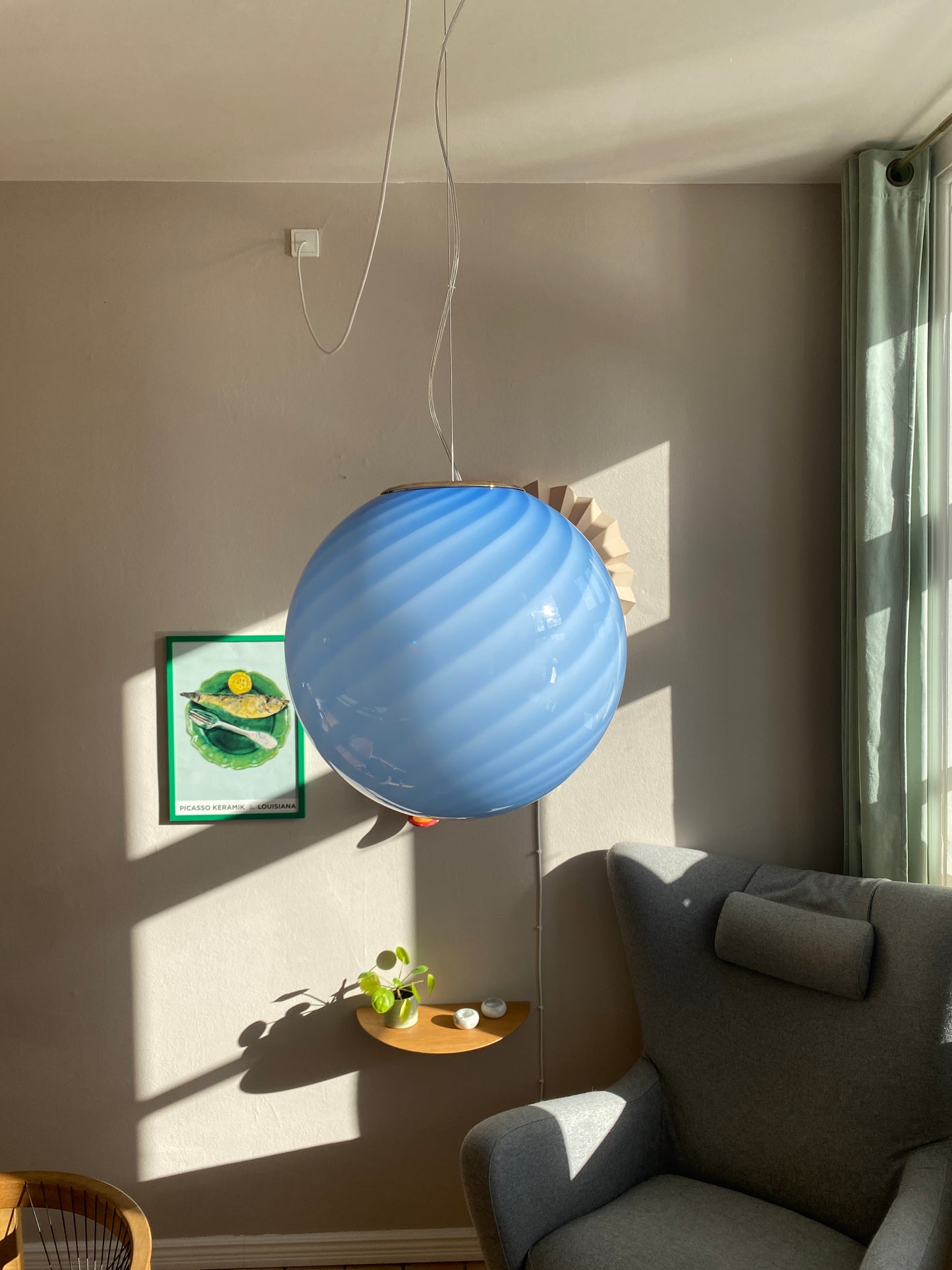 Murano loftslampe i blå swirl rigadin 40 cm