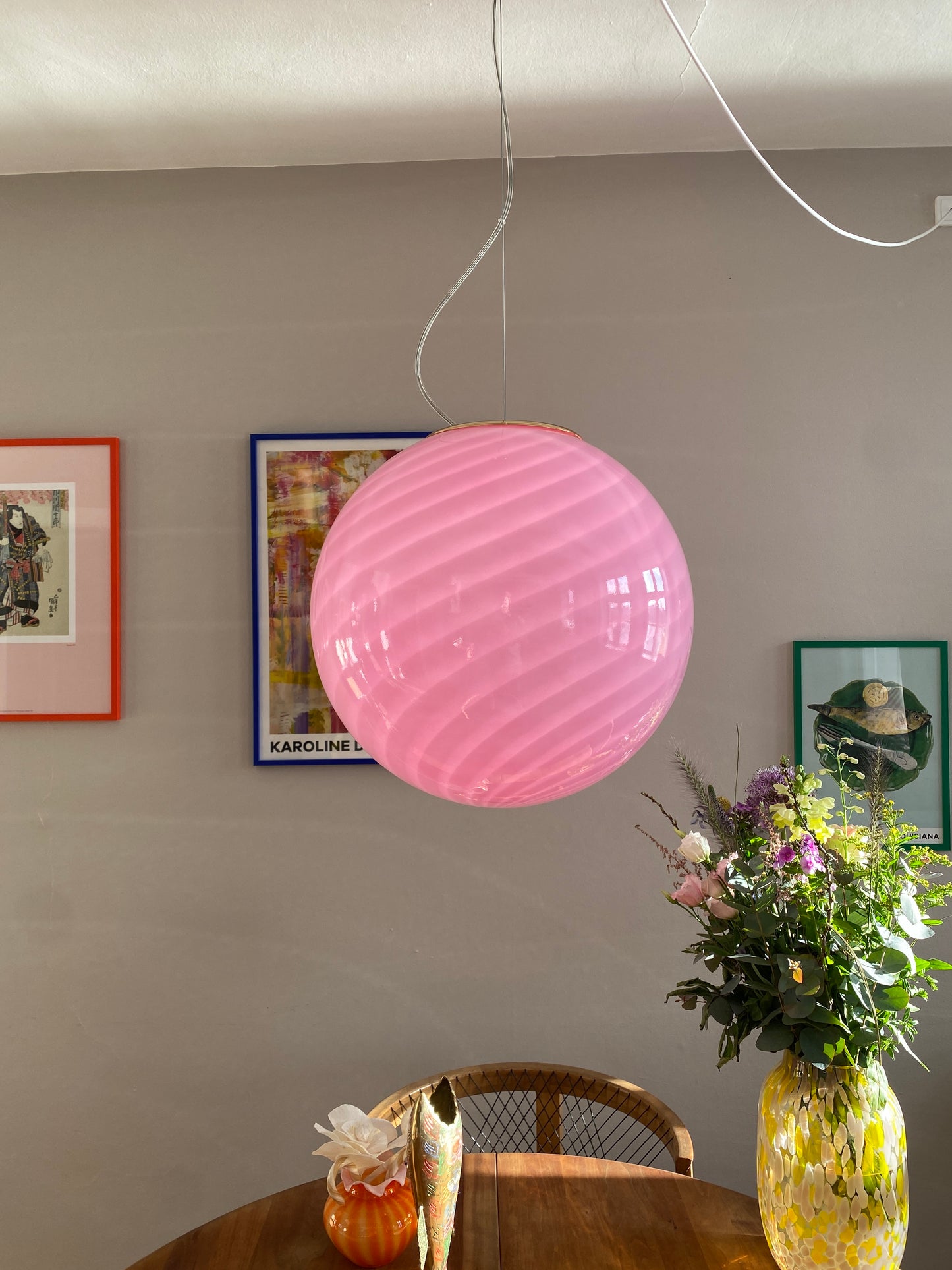 Murano loftslampe i pink swirl 40 cm