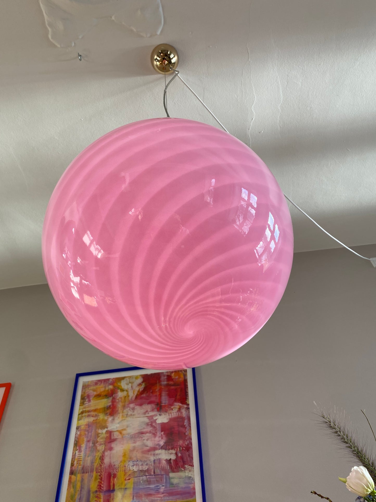 Murano loftslampe i pink swirl 40 cm