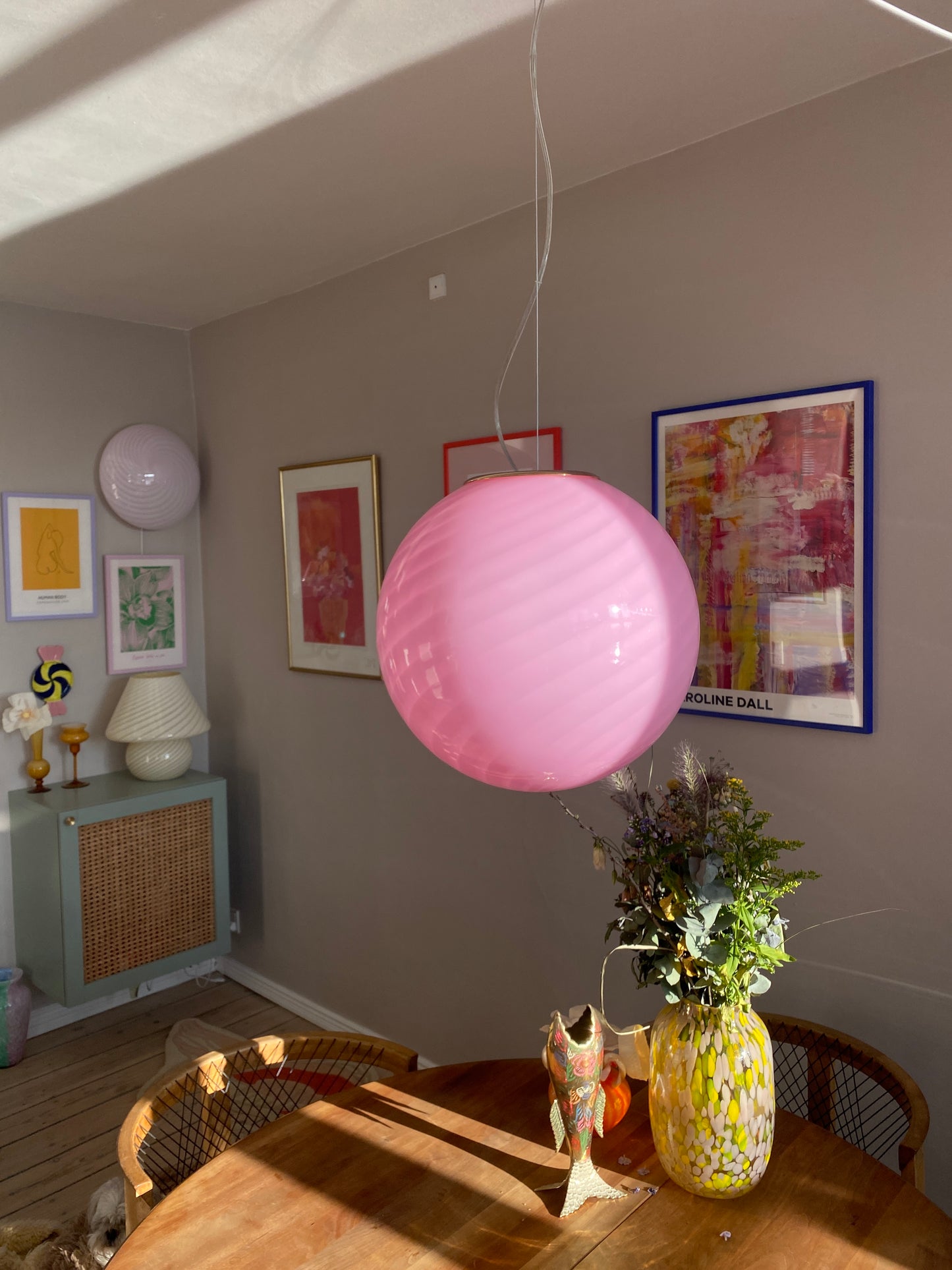 Murano loftslampe i pink swirl 40 cm