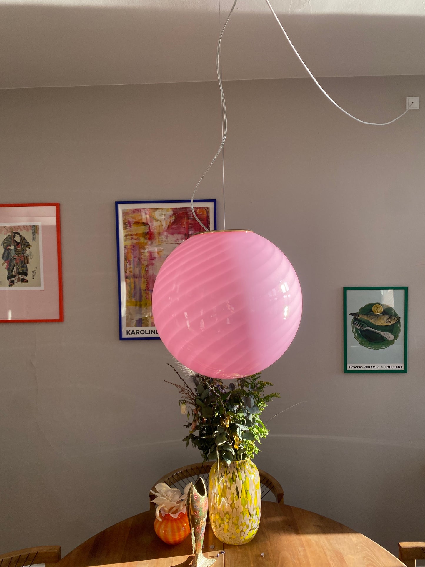 Murano loftslampe i pink swirl 40 cm