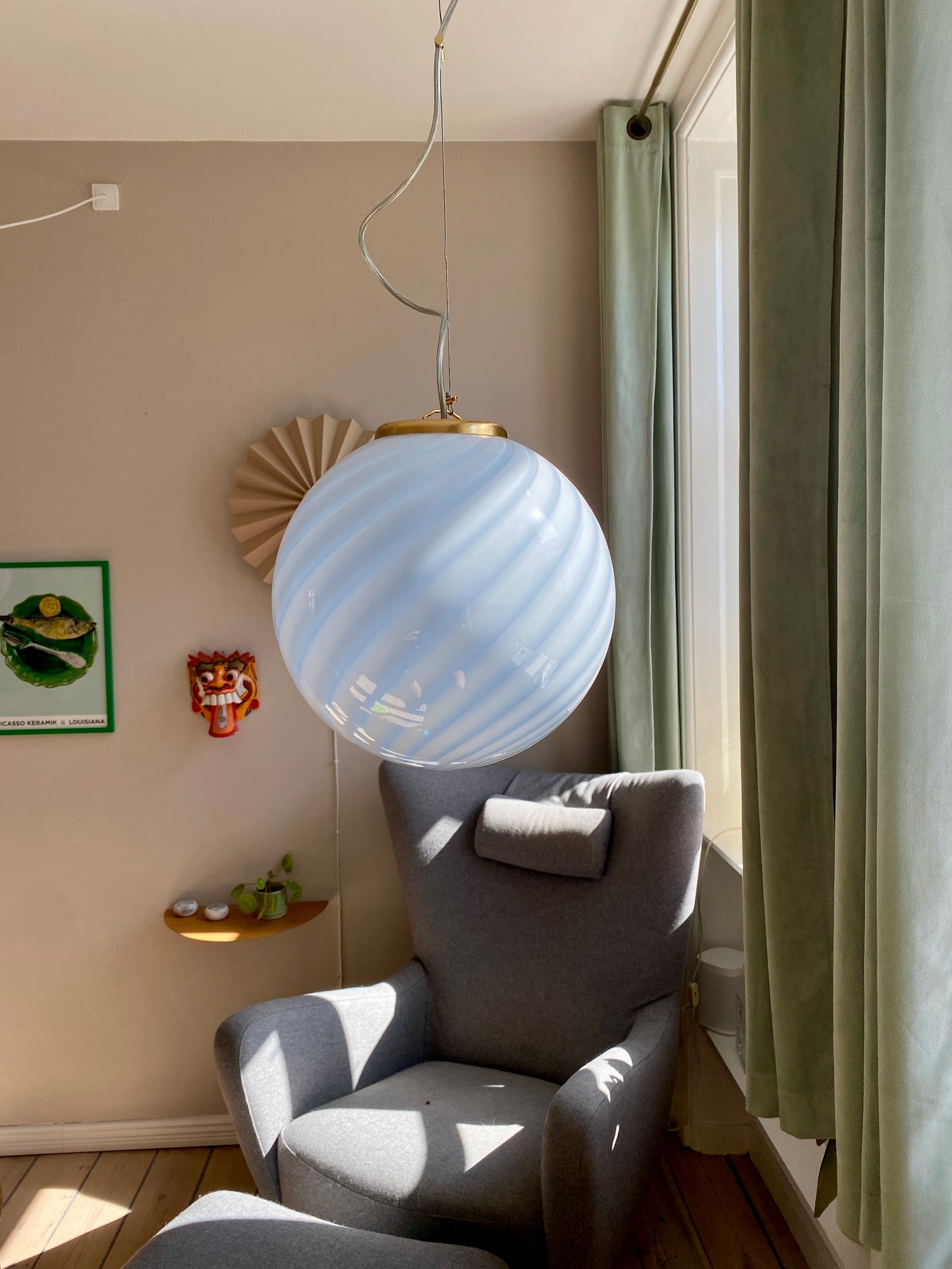 Murano loftslampe i en cloud blå farve med swirl rigadin 30 cm