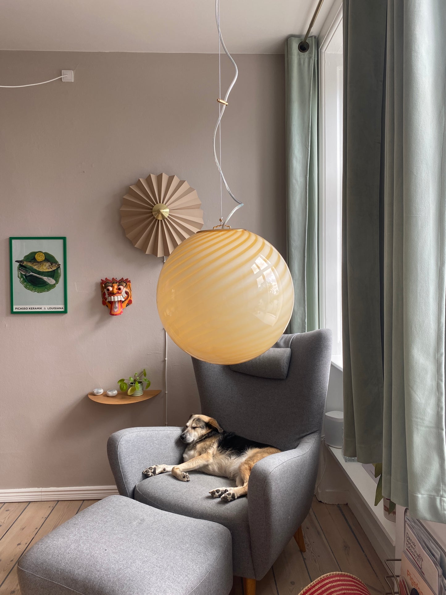 Murano loftslampe i gul swirl rigadin 30 cm