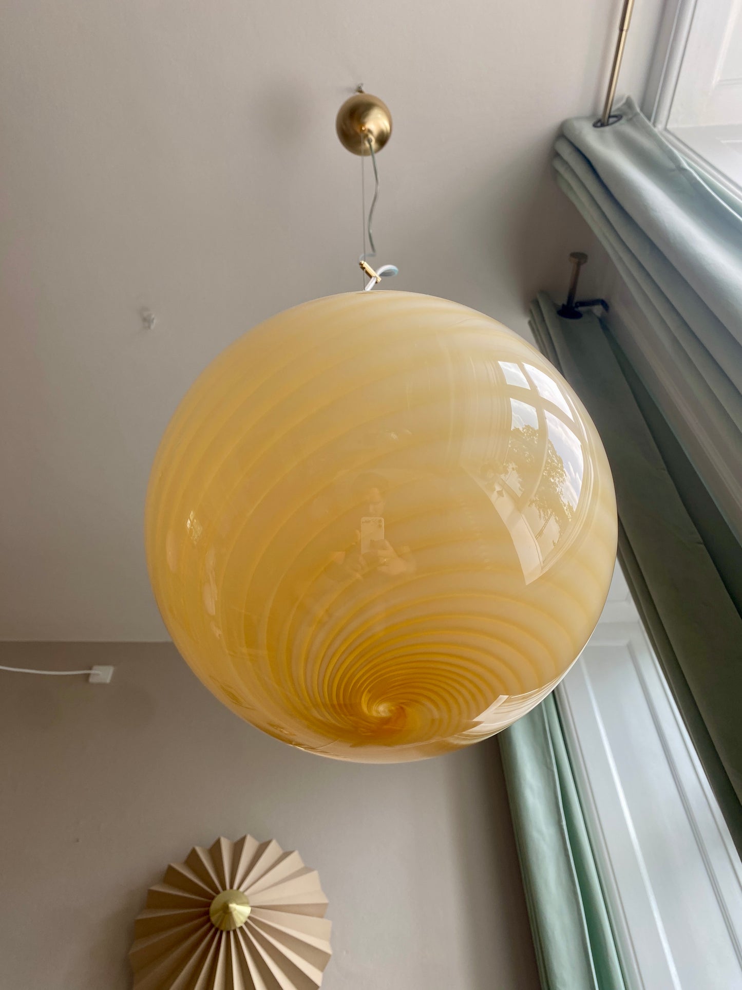 Murano loftslampe i gul swirl rigadin 30 cm