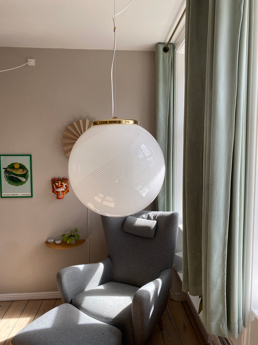 Vintage Murano pendel opalglas med hvidt swirl 40 cm