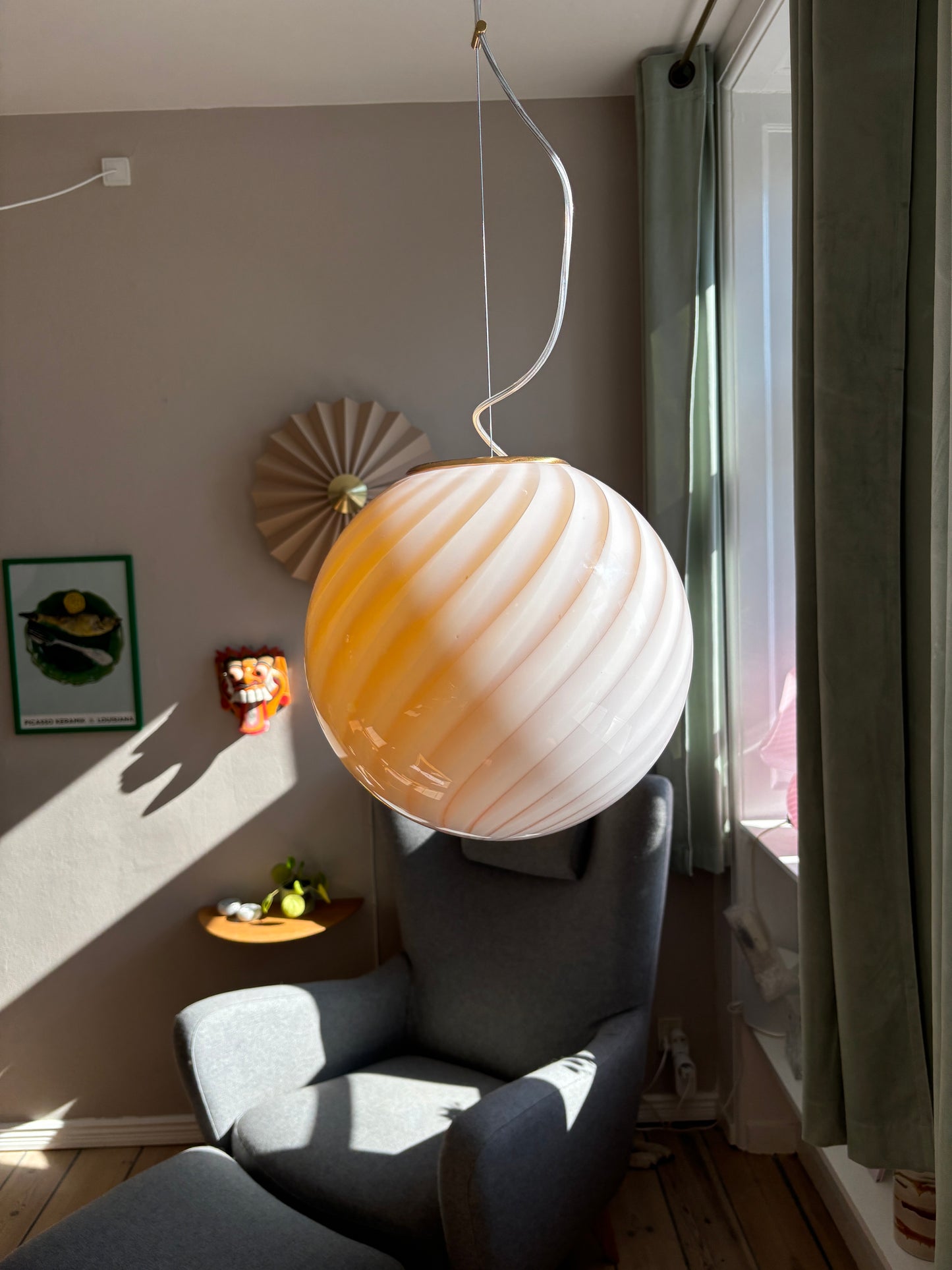 Murano loftslampe i honning gul swirl rigadin 30 cm