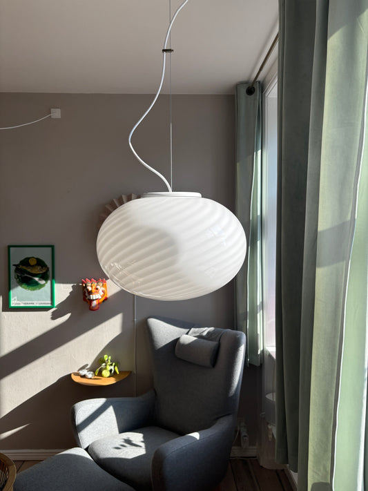 Vintage oval Murano loftlampe i hvid swirl 40 cm