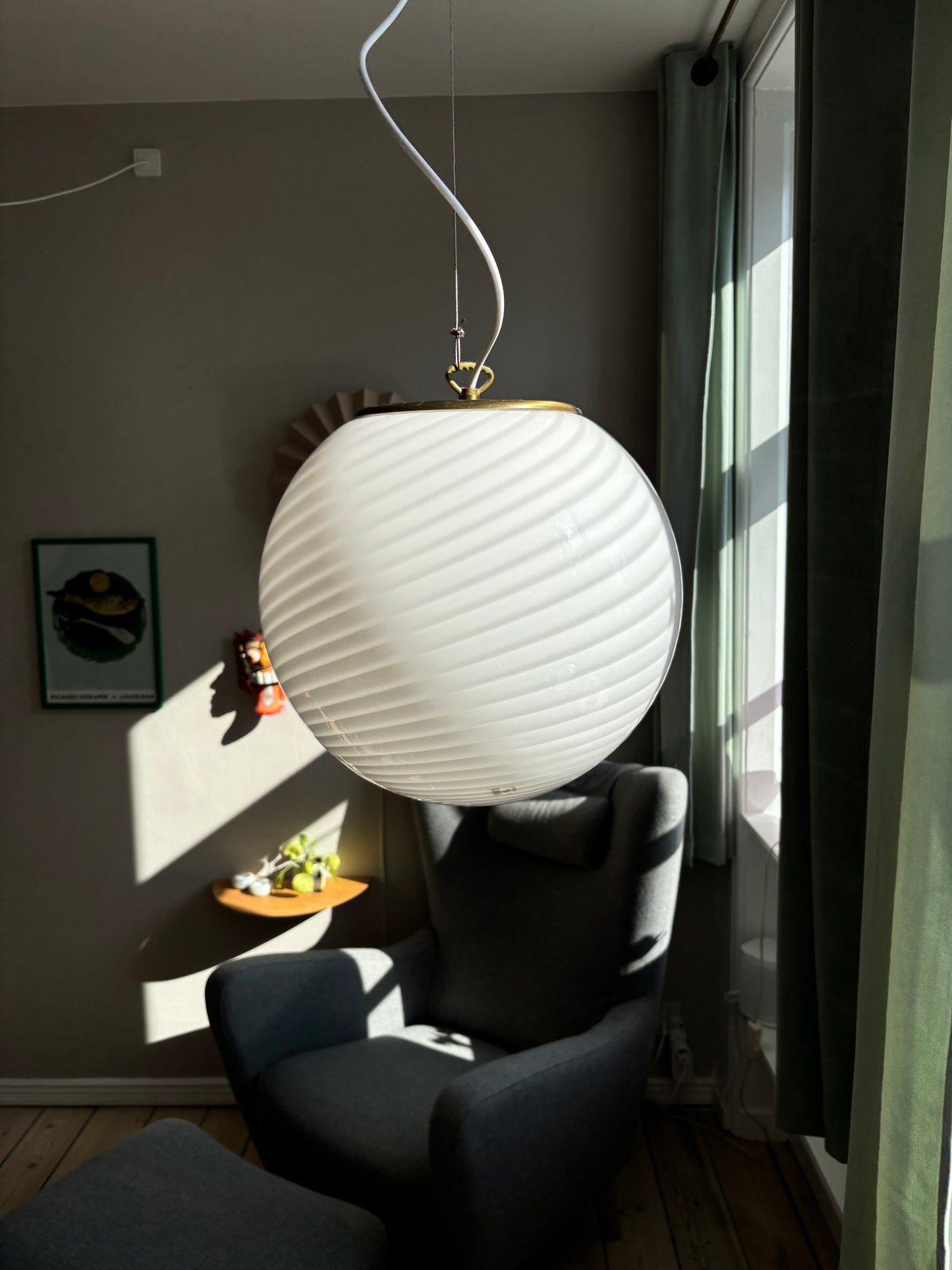 Vintage Murano Effetre loftslampe i hvid swirl 35 cm
