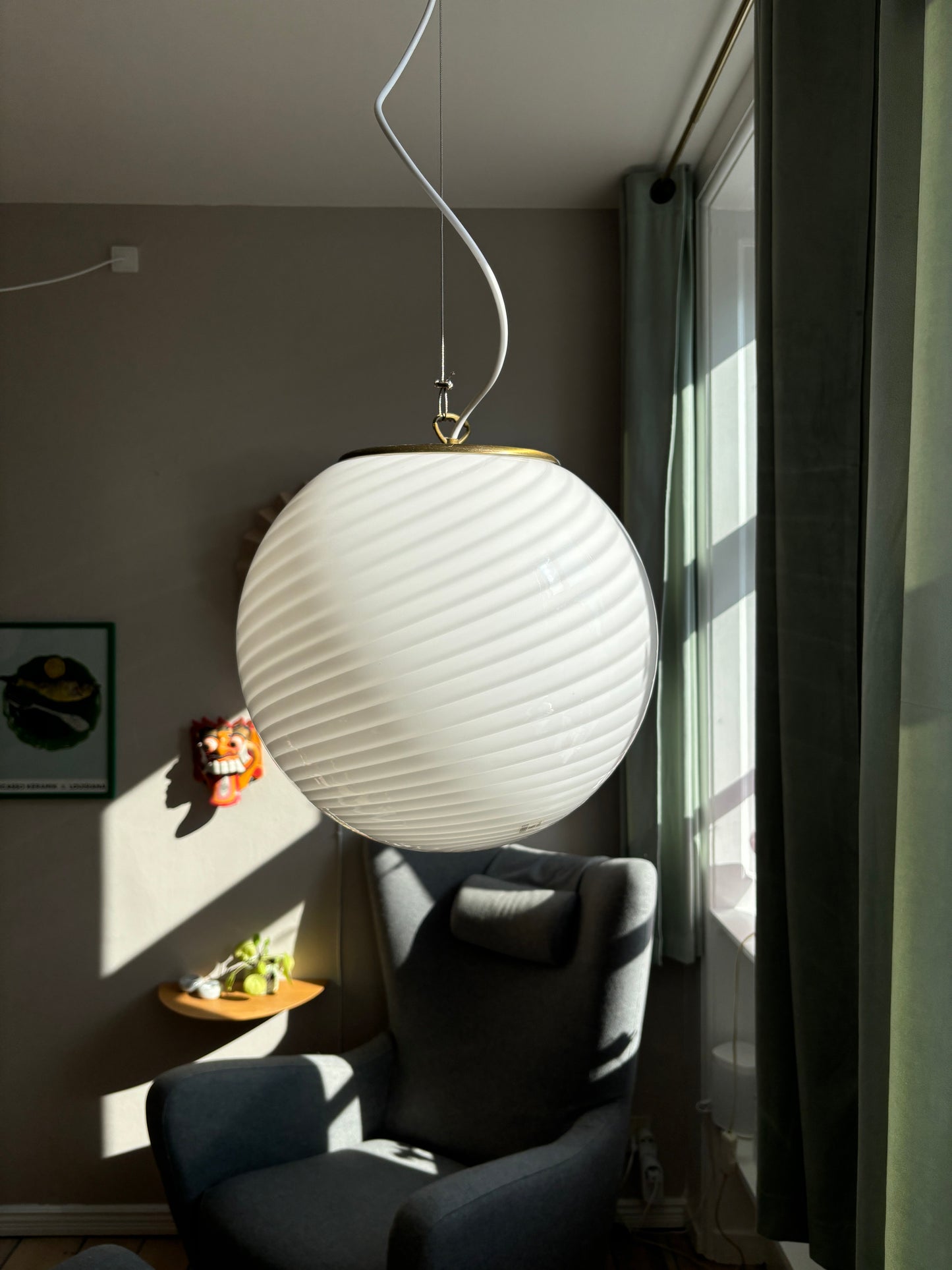 Vintage Murano Effetre loftslampe i hvid swirl 35 cm