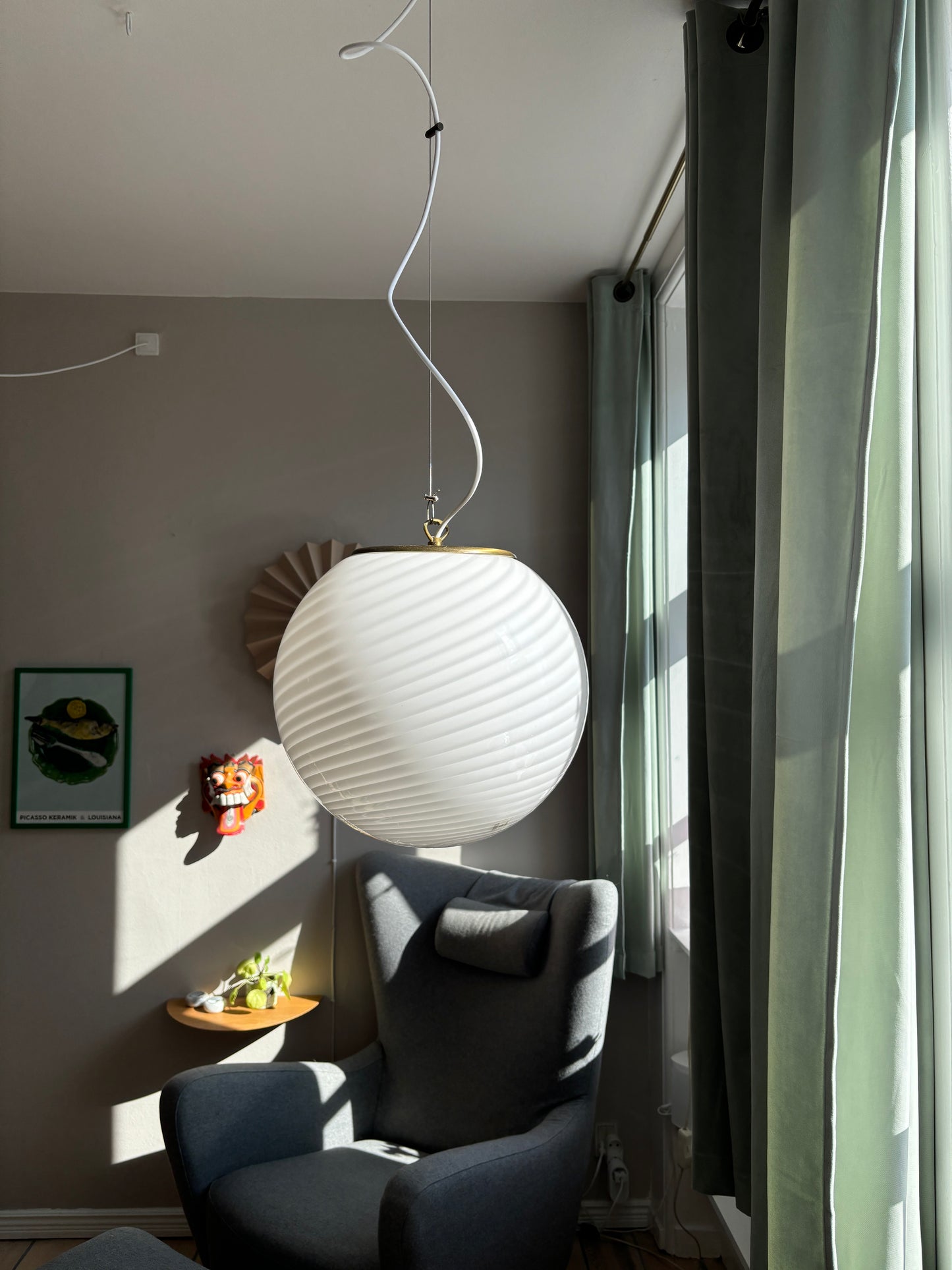 Vintage Murano Effetre loftslampe i hvid swirl 35 cm