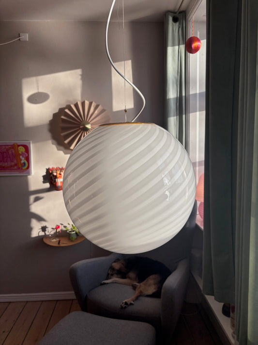 Vintage Murano pendel rund med hvidt swirl 40 cm