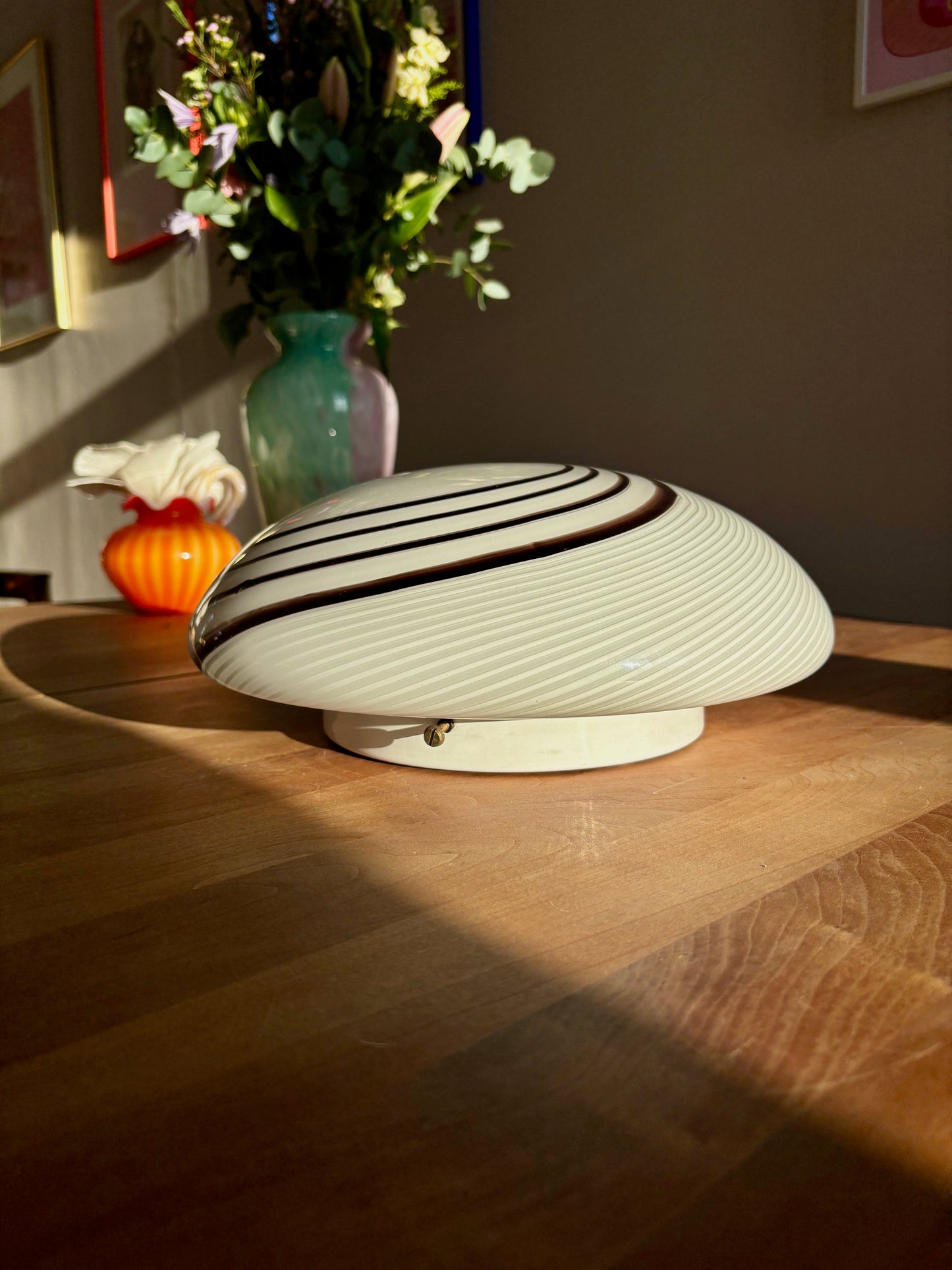 Vintage Murano plafond med hvid og brunt swirl 30 cm