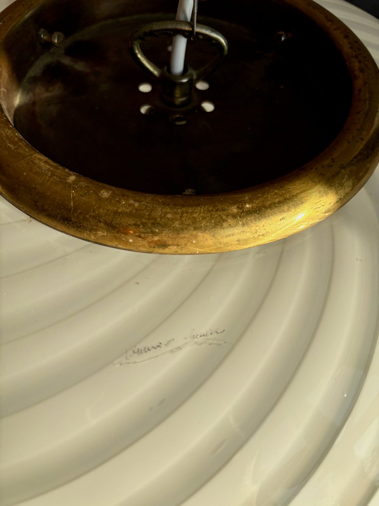 Vintage Murano pendel oval i hvid swirl 45 cm m. signatur