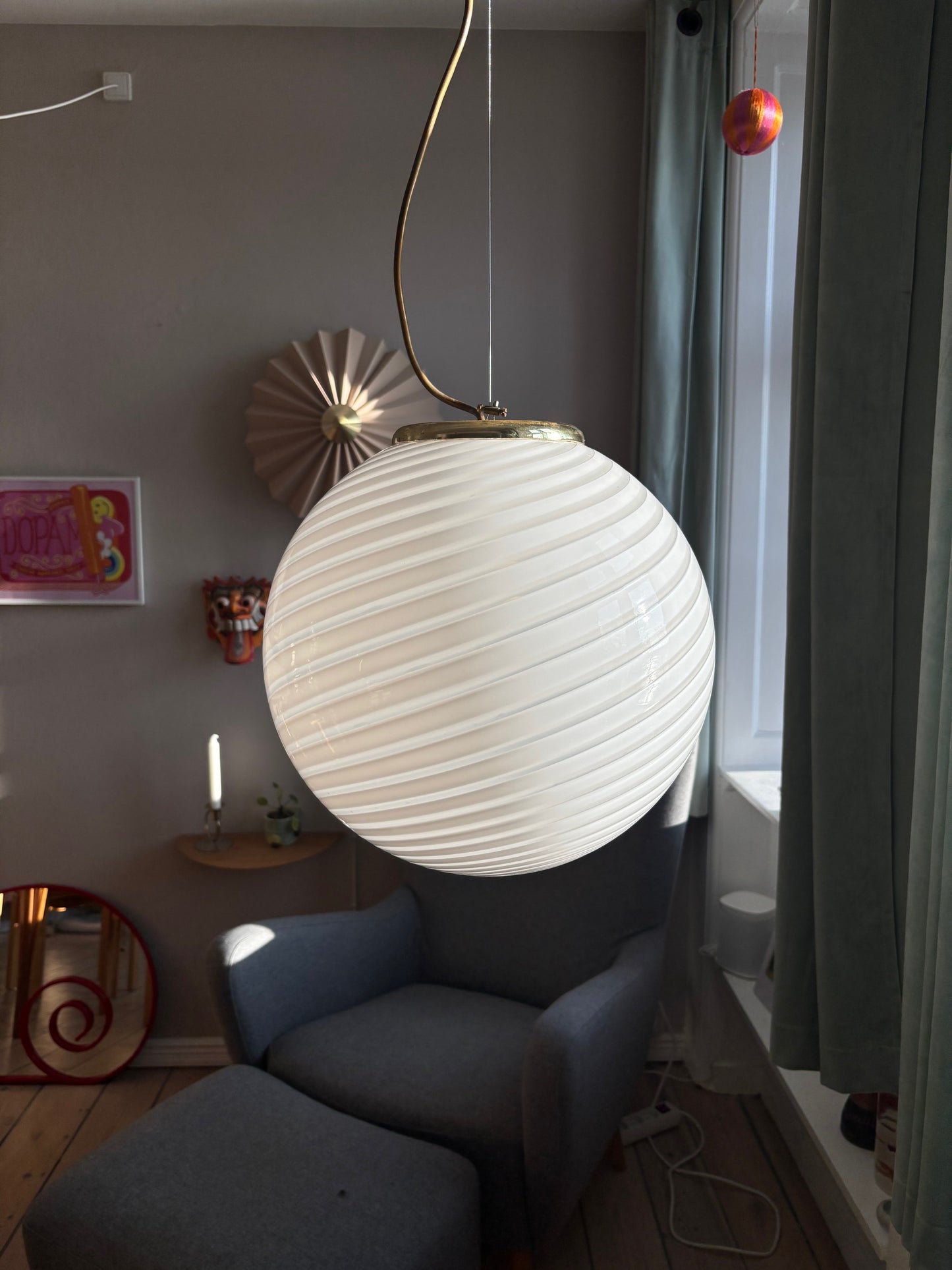 Vintage Murano pendel hvid swirl 35 cm