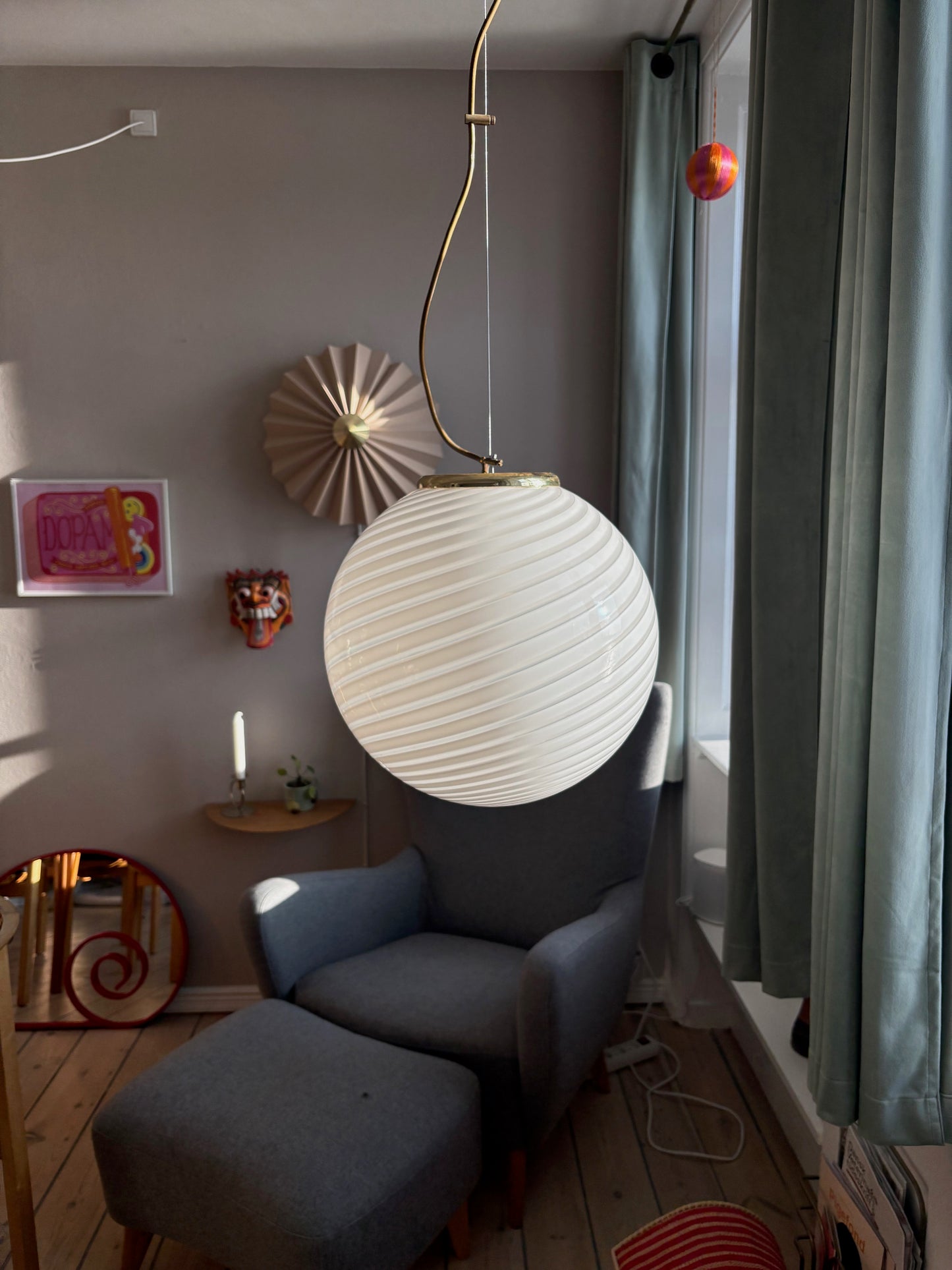 Vintage Murano pendel hvid swirl 35 cm