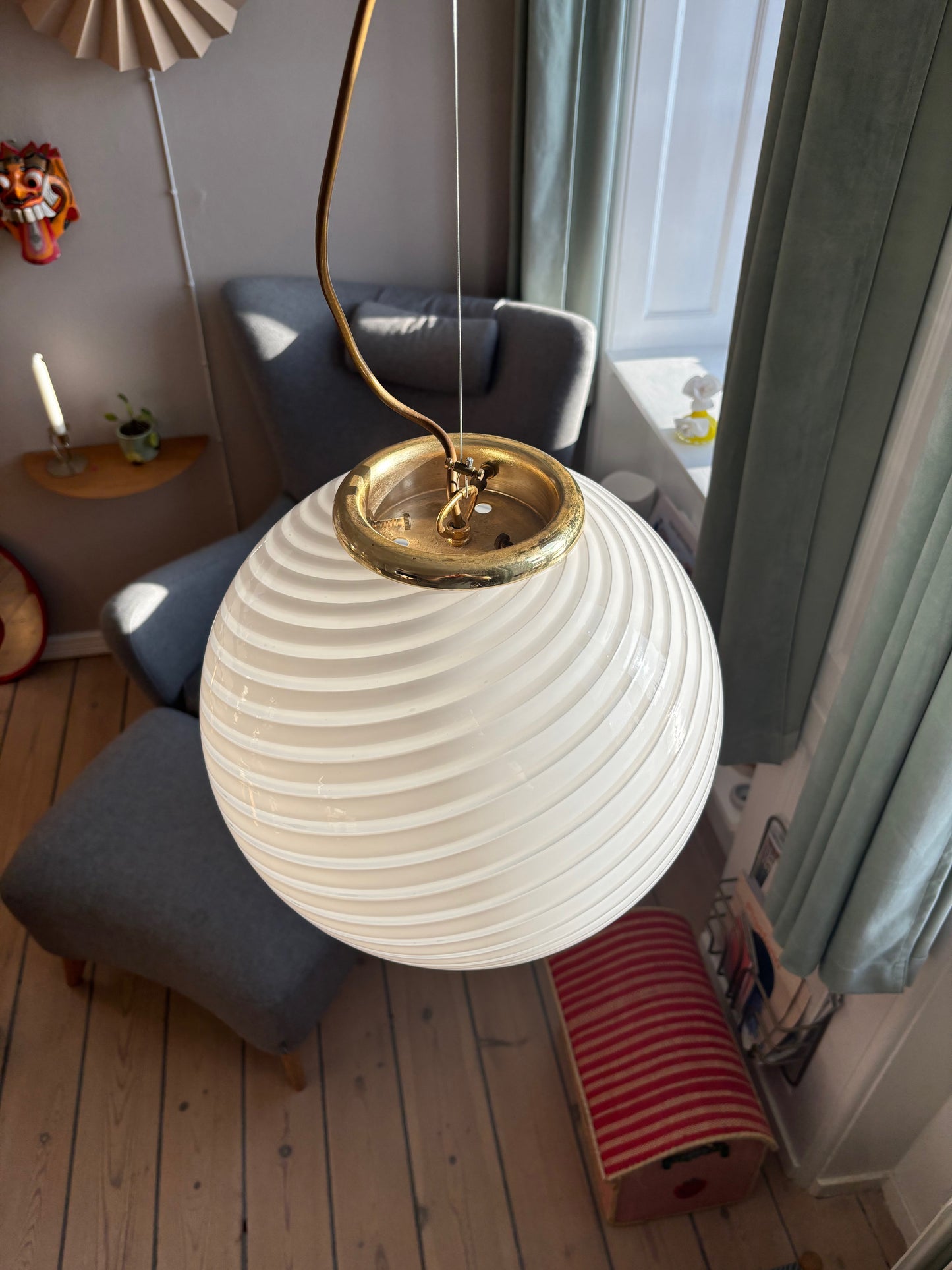 Vintage Murano pendel hvid swirl 35 cm