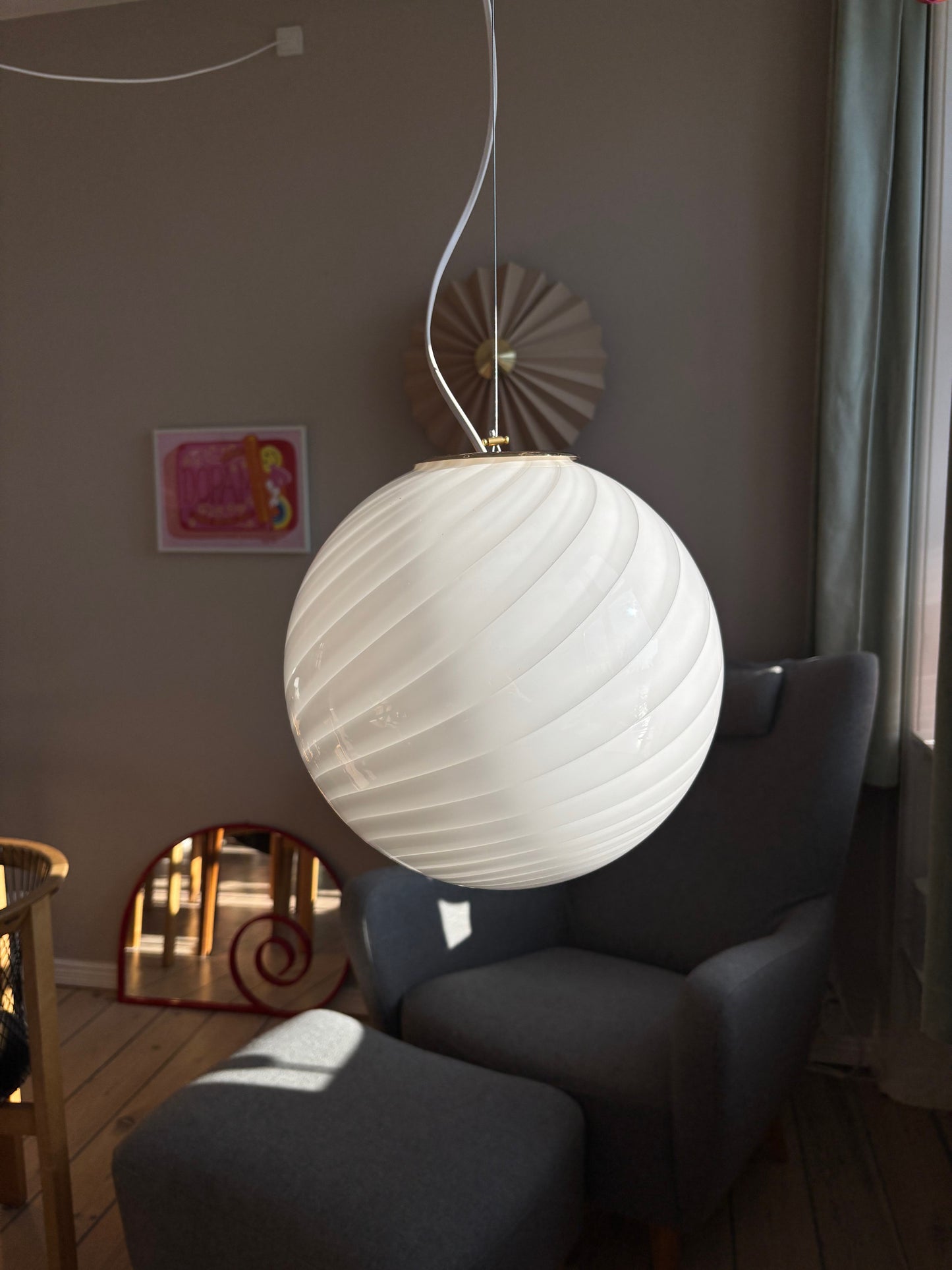 Vintage Murano pendel i hvid swirl 30 cm