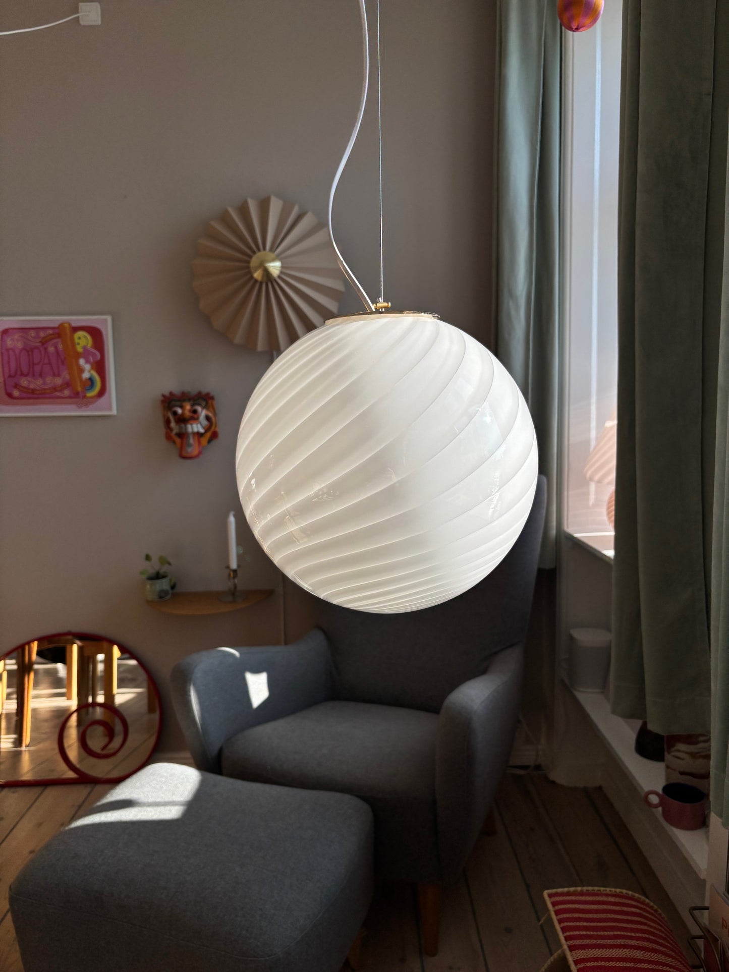 Vintage Murano pendel i hvid swirl 30 cm