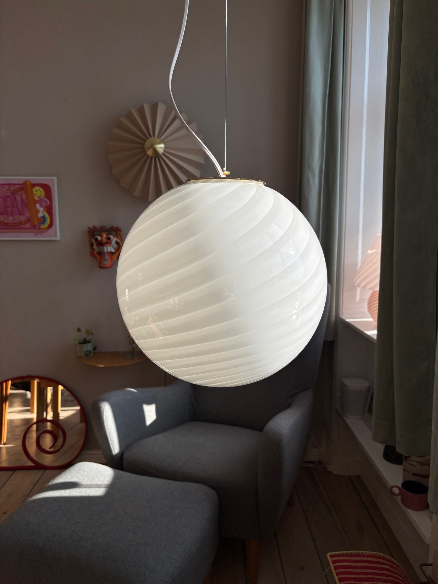 Vintage Murano pendel hvid swirl 30 cm