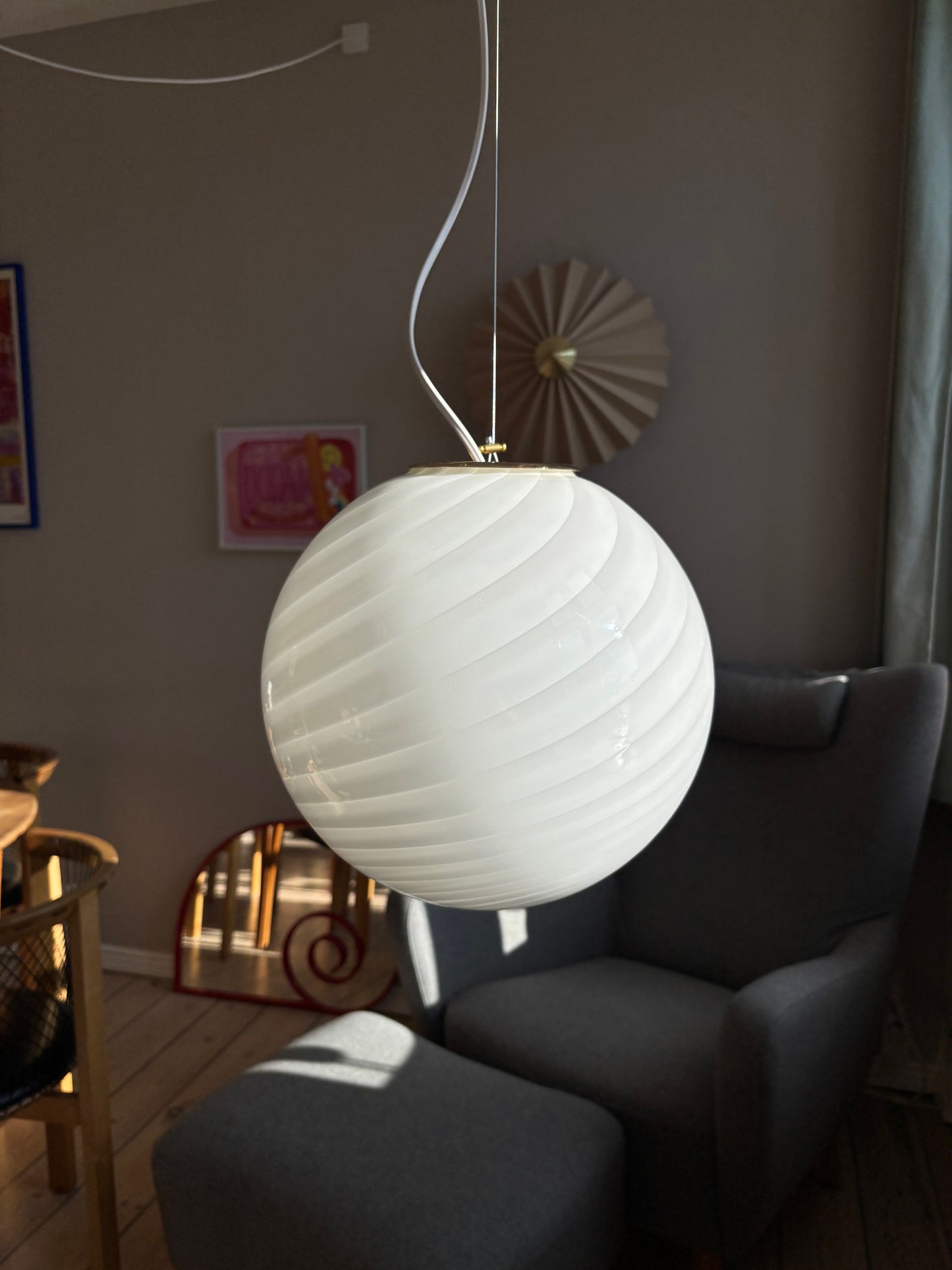 Vintage Murano pendel hvid swirl 30 cm