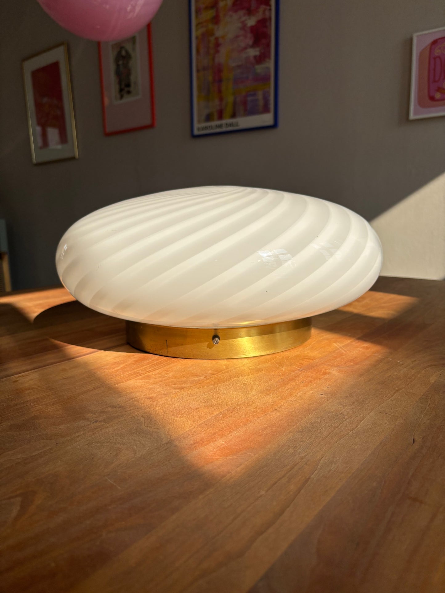 Vintage Murano plafond hvidt swirl 40 cm med messing ophæng