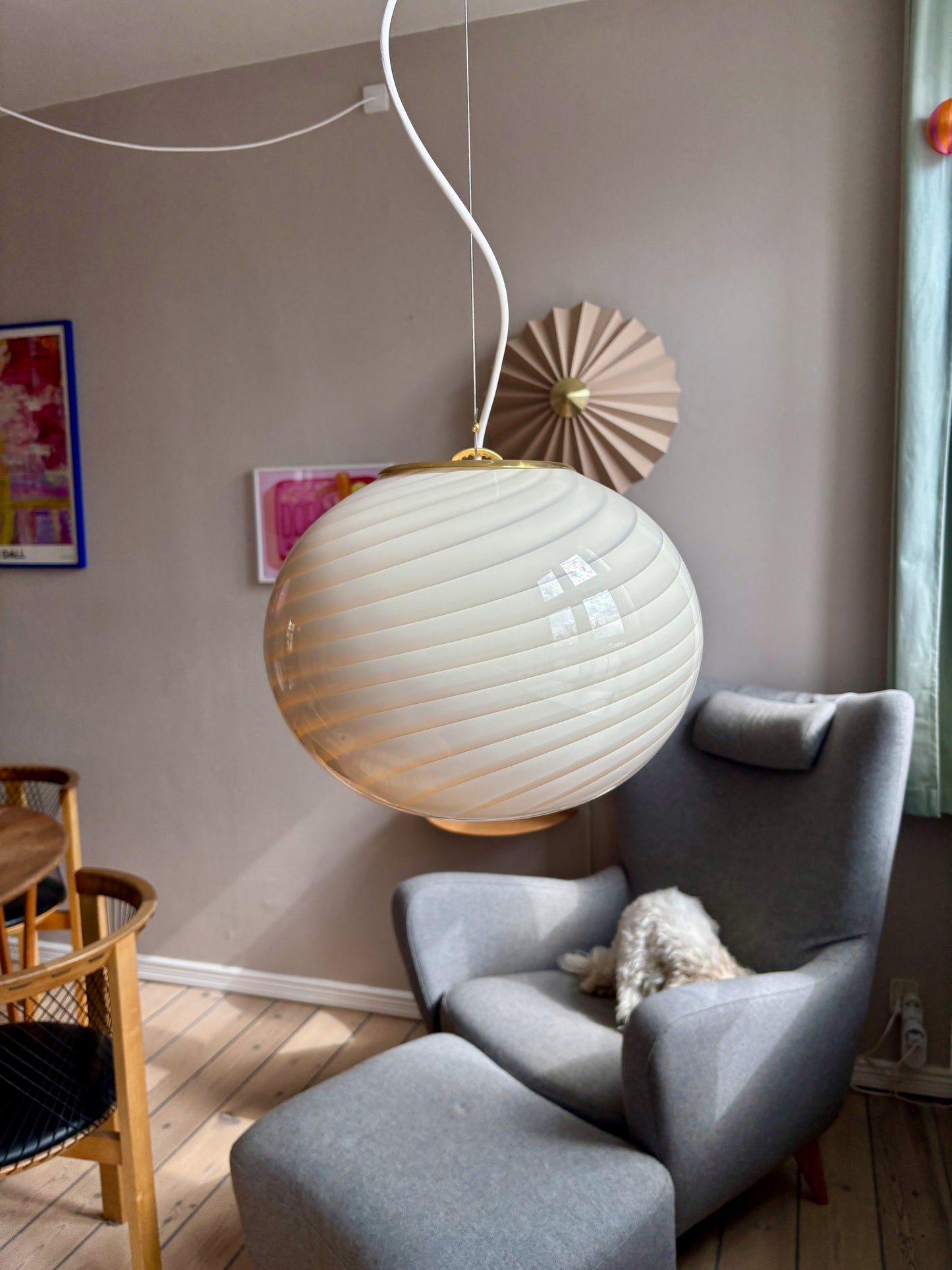 Oval Murano loftslampe i cremegul swirl 35 cm