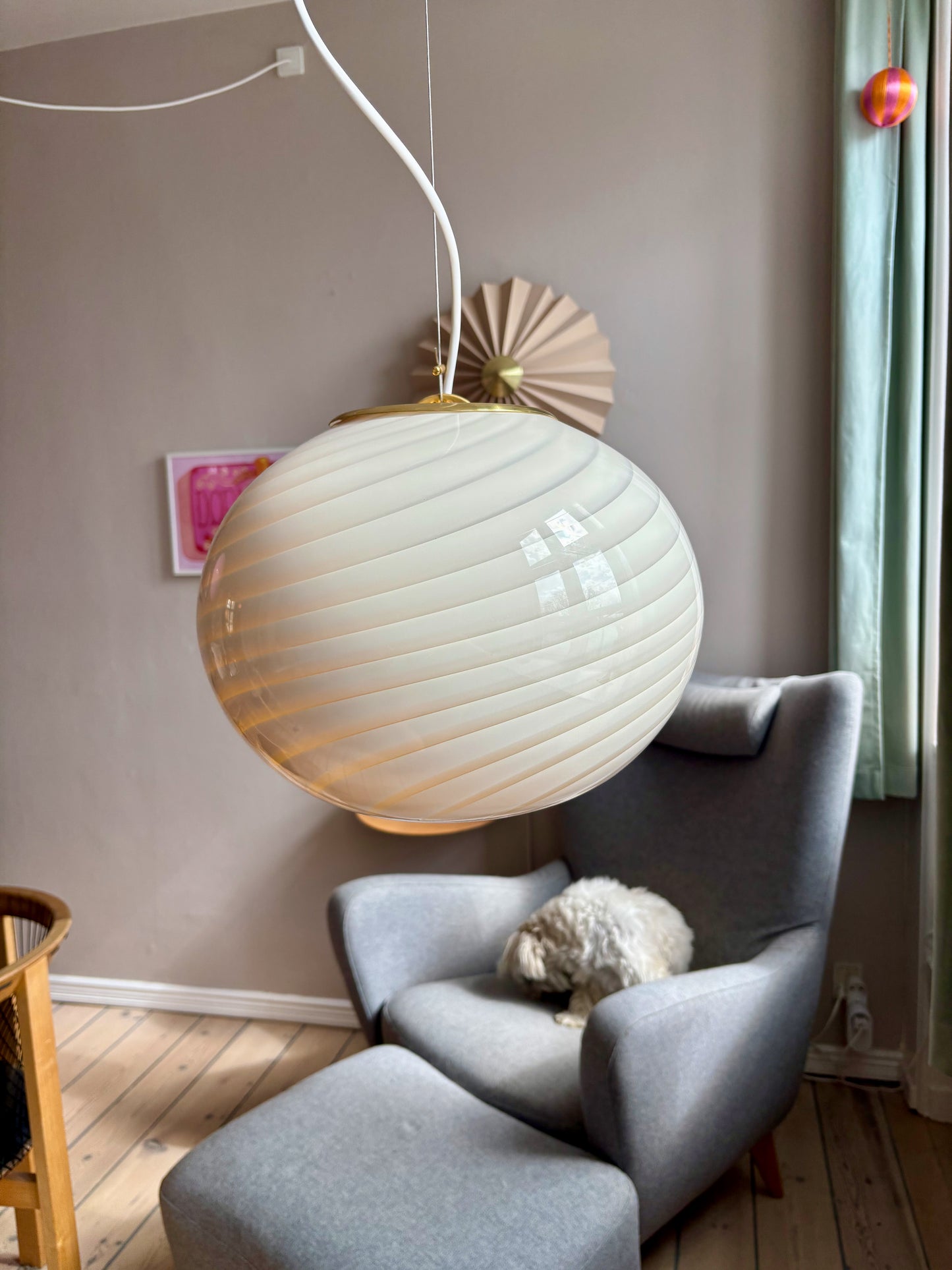 Oval Murano loftslampe i cremegul swirl 35 cm