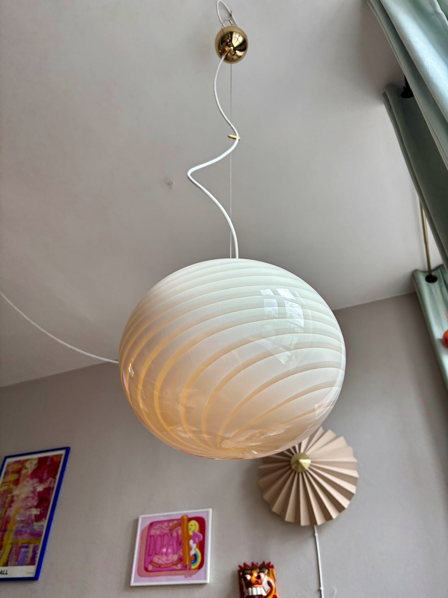 Oval Murano loftslampe i cremegul swirl 35 cm