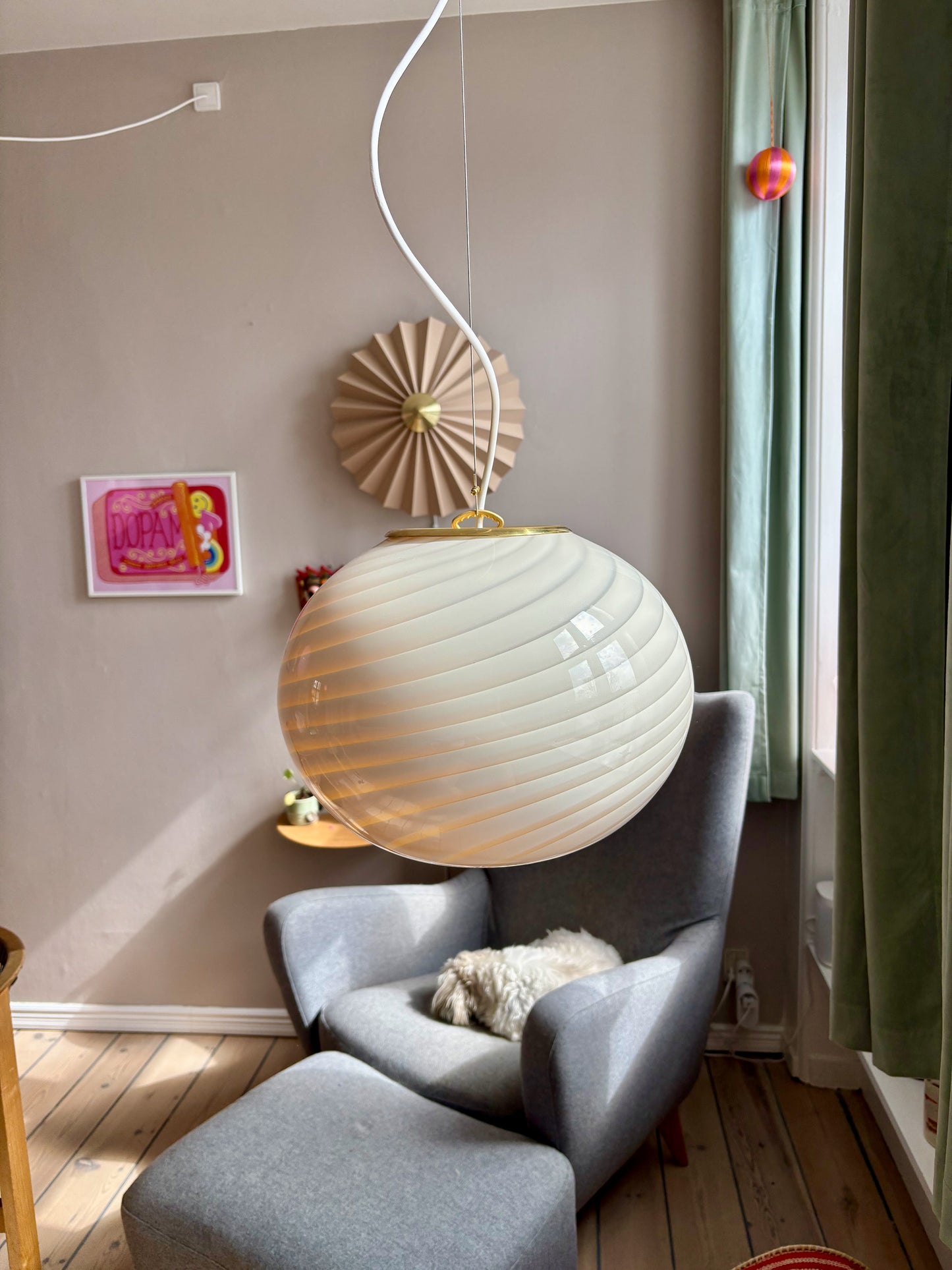 Oval Murano loftslampe i cremegul swirl 35 cm