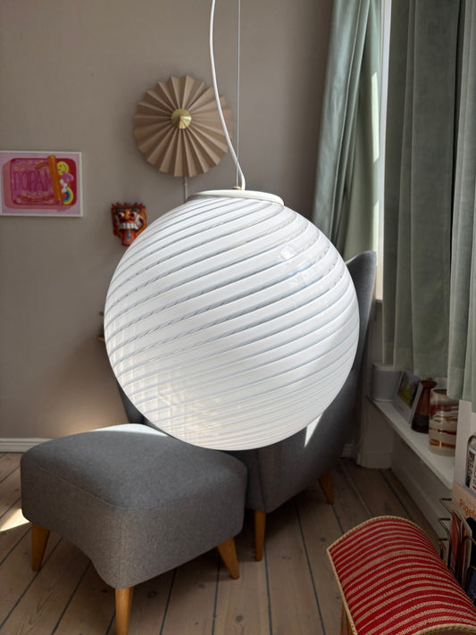 Vintage Murano pendel rund med hvidt swirl 40 cm