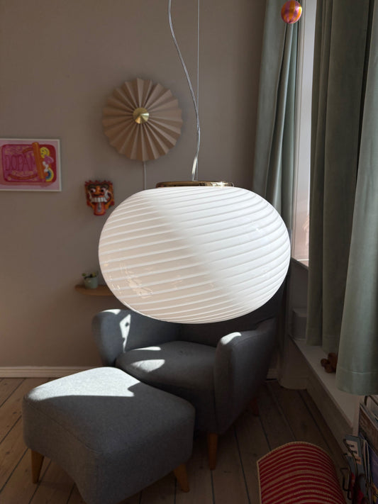 Vintage Murano De Majo pendel oval i hvid swirl 40 cm